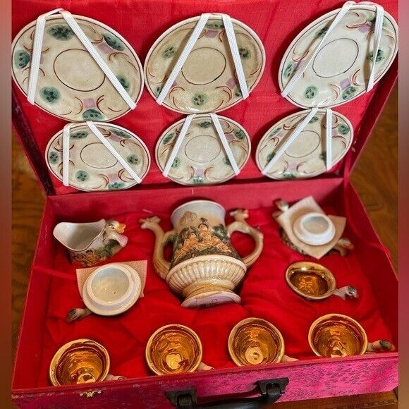 Vintage Capodimonte Tea Set, 17 Piece Set, Gold Gilt Cherub Italian Porcelain