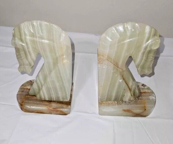 Vtg Trojan Horse Head Bookends Hand Carved Onyx Marble Stone  6 1/2\