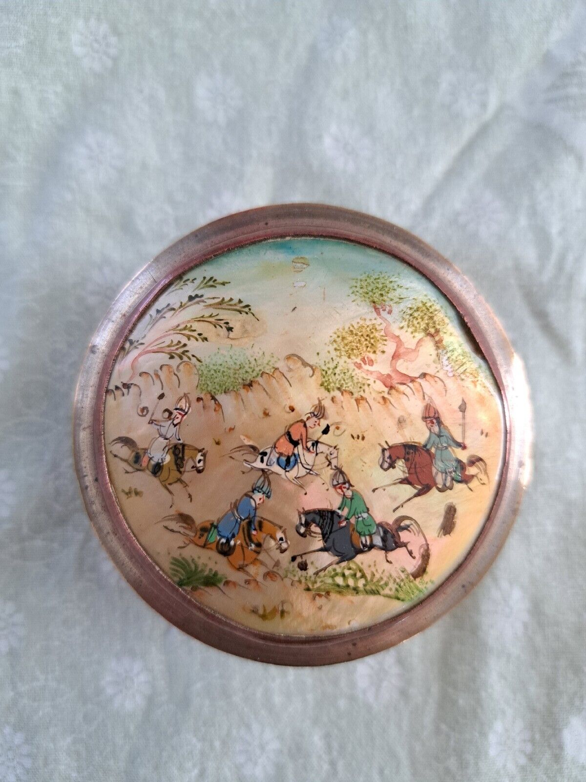 Vintage Hand Painted on Shell/ MOP Figural Persian Esfahan Brass Trinket Box