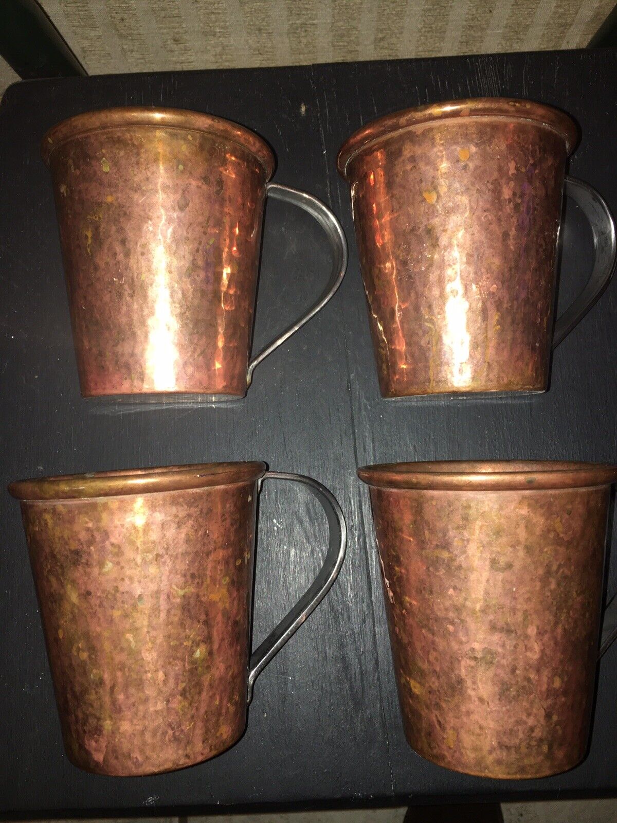 4 SERTODO DIGNIDAD Mexico Hammered Copper Aged Patina Steel Handle Mule Mug Set