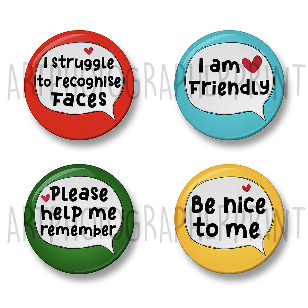 Prosopagnosia Pin Badge Set, 4 Badges, 32mm or 44mm, Struggle to recognise faces