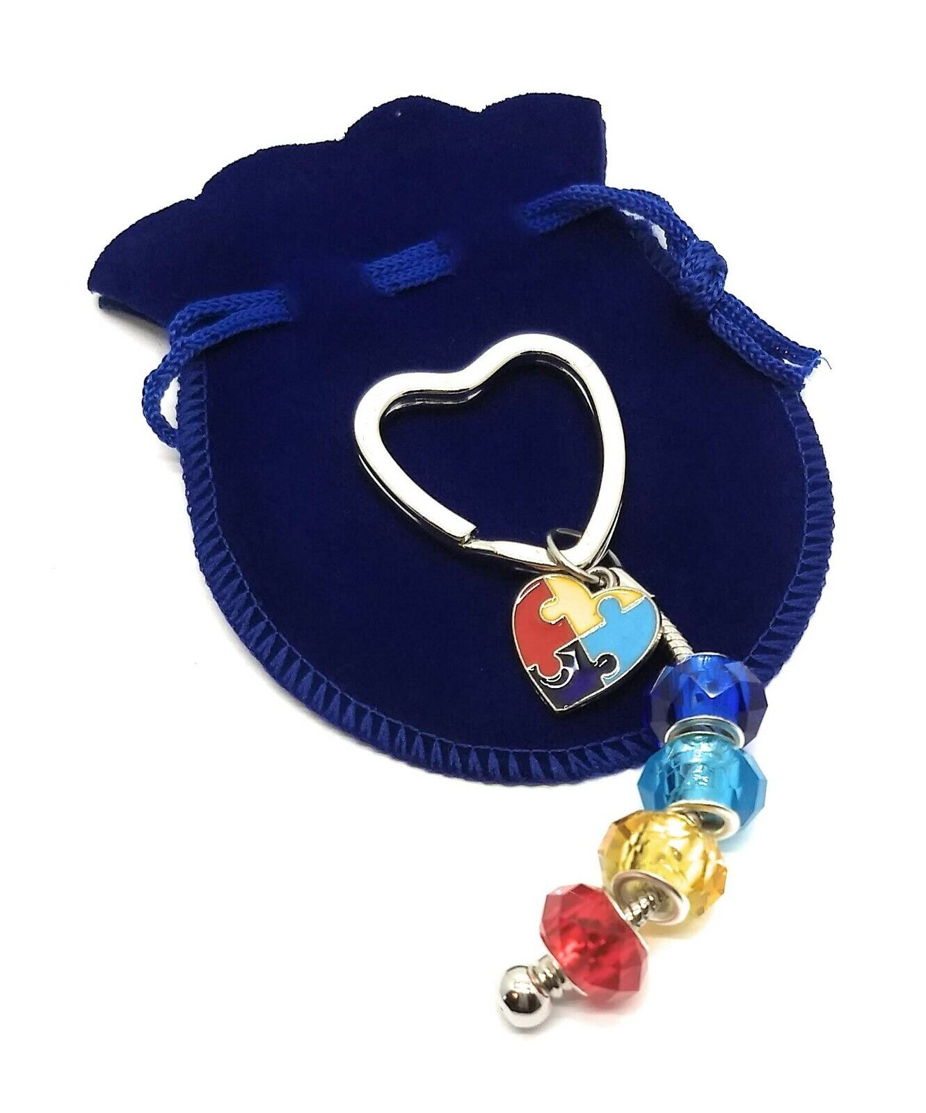 Autism Key Chain Awareness Heart Puzzle Piece Charm Glass Beads in Gift Bag