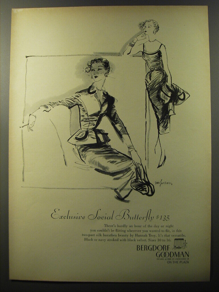 1953 Bergdorf Goodman Dress by Hannah Troy Ad - Exclusive Social Butterfly $135