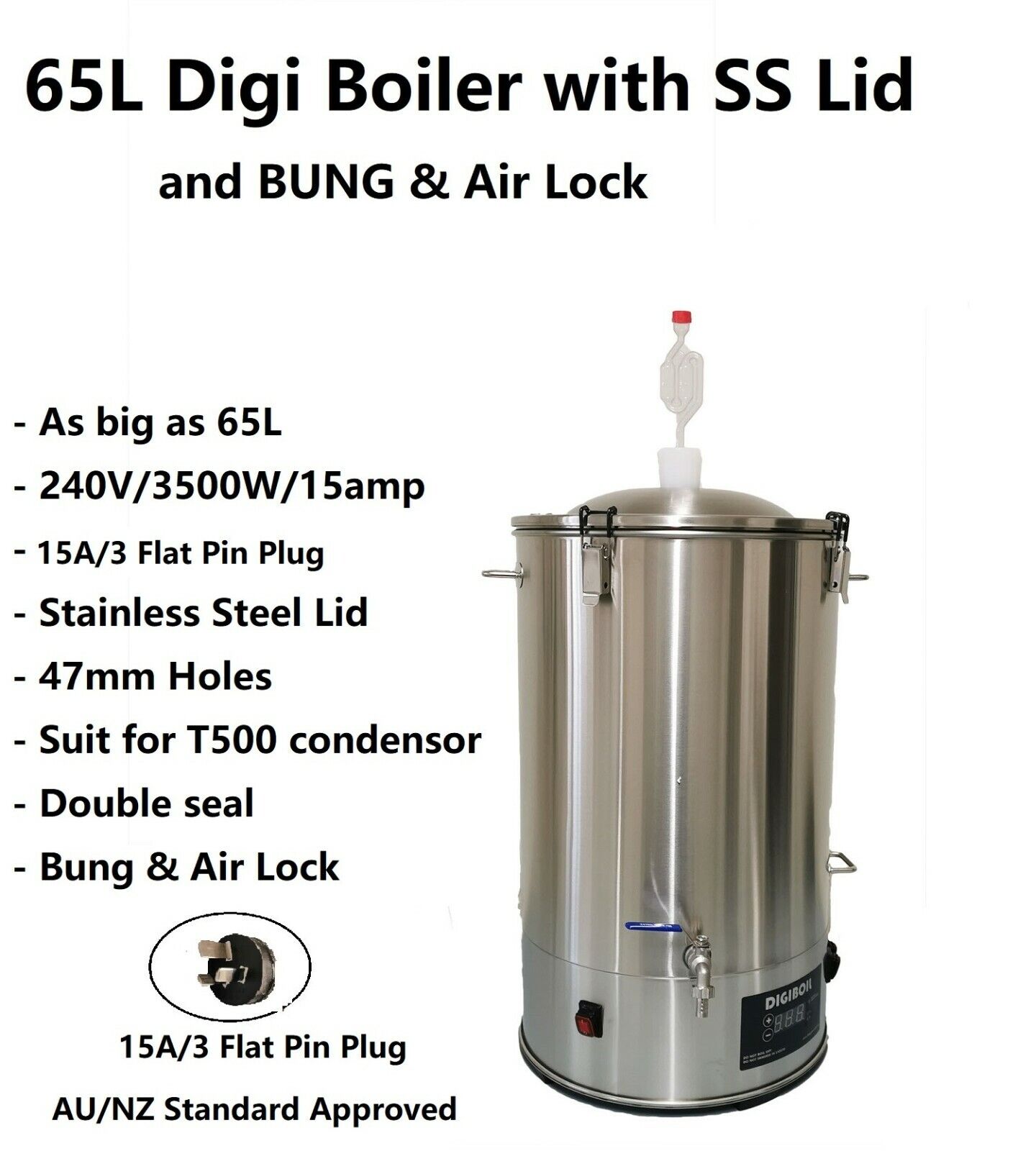 NEW 65L/240V/3500W  Digital Boiler with 47mm Stainless steel lid & Bung Air lock