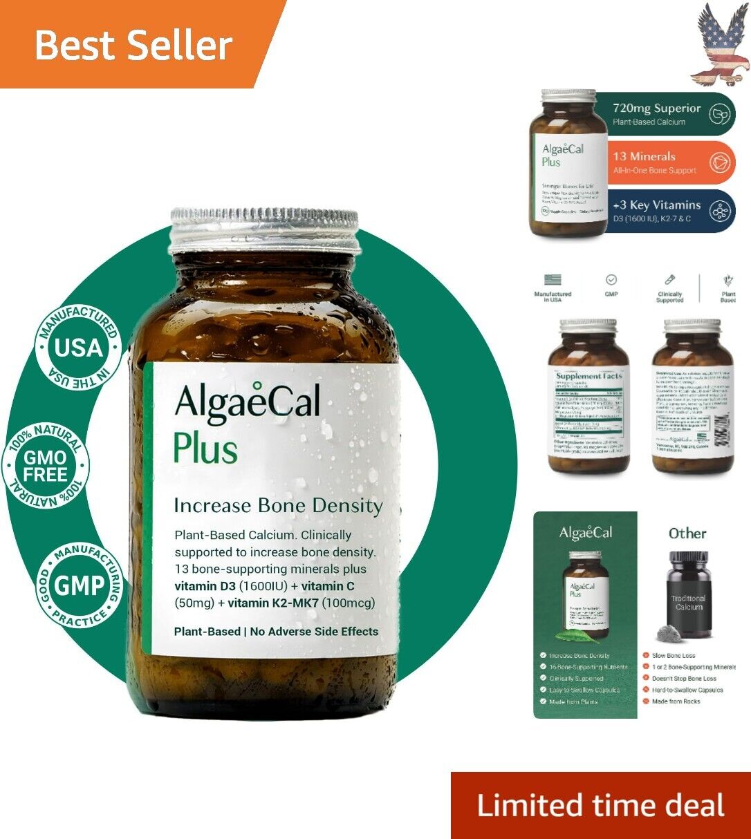 Premium Red Algae Calcium Supplement - Vitamin K2, D3, Magnesium - 120 Caps