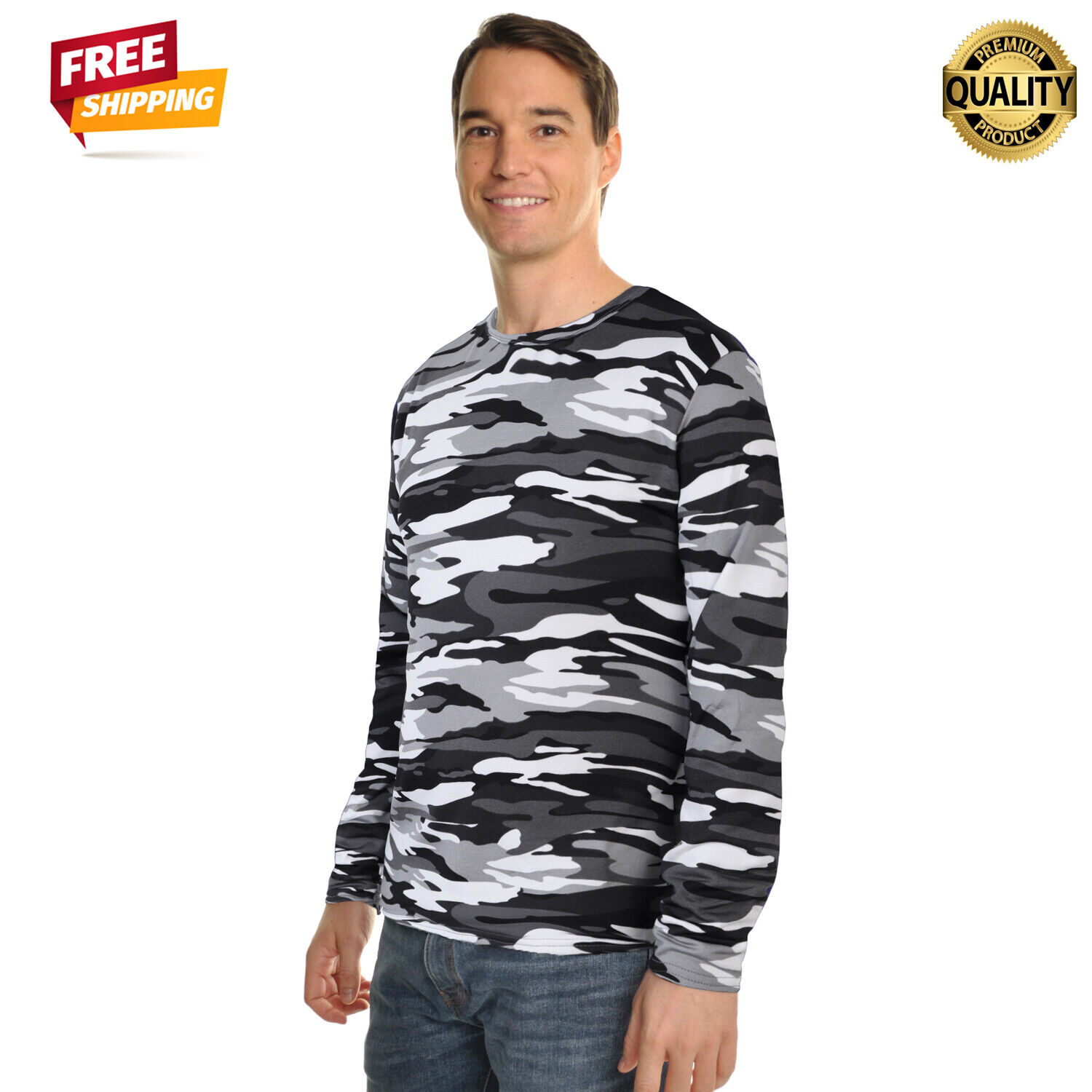 Men\'s Thermal Shirt Long Sleeve Camouflage Brushed Fleece Warm Crew Neck Top