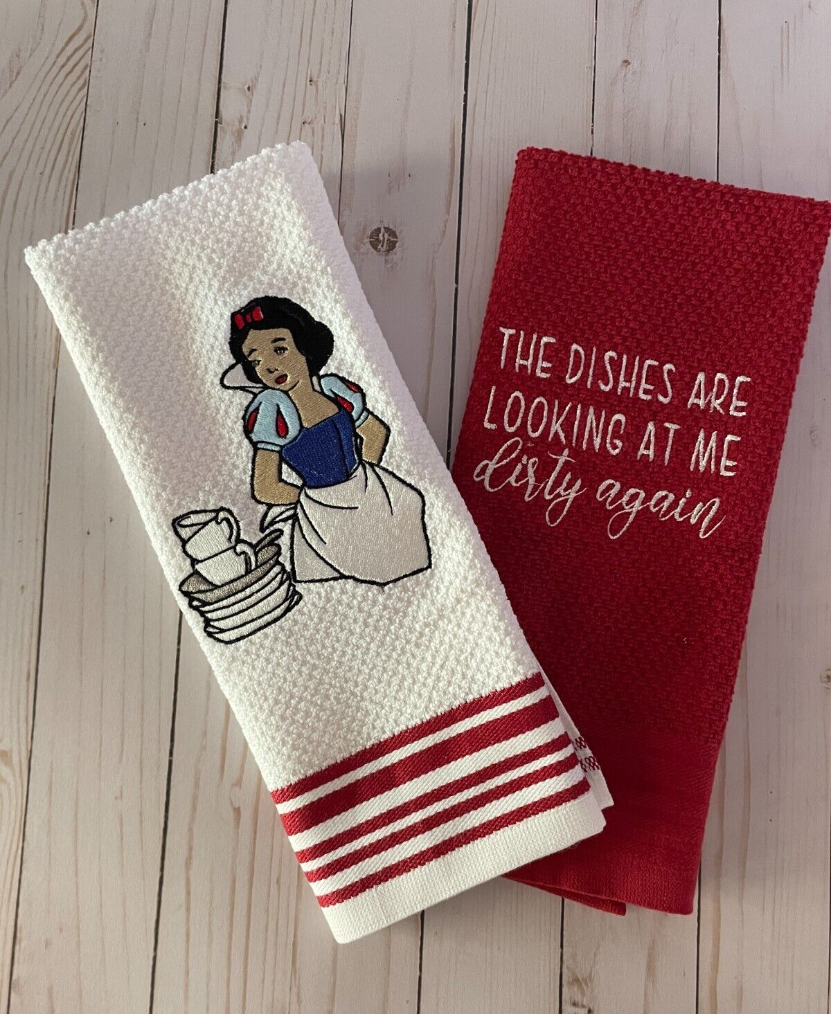Disney Snow White Dirty Dishes Red Embroidered Kitchen Tea Towel TinksTreasurez
