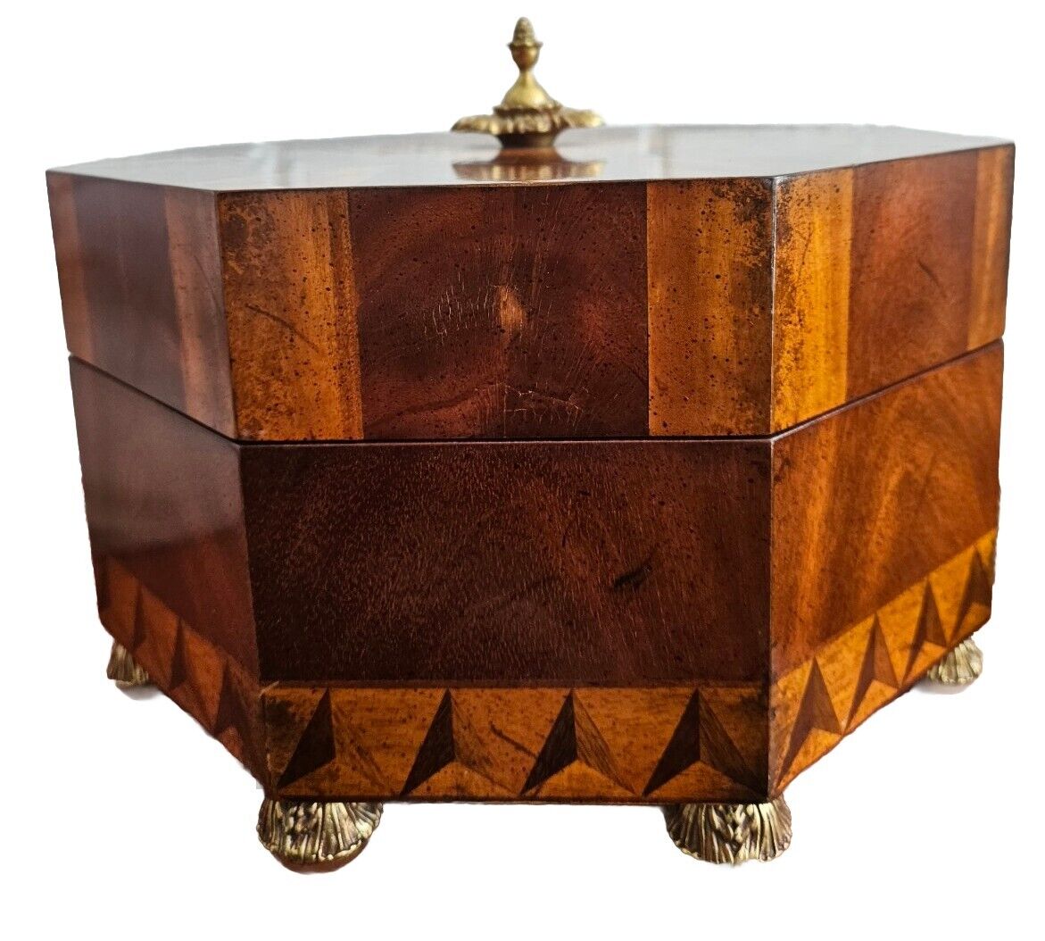 Maitland Smith Octagonal Decorative Box Inlaid Wood 8 Brass Feet Hinged Lid