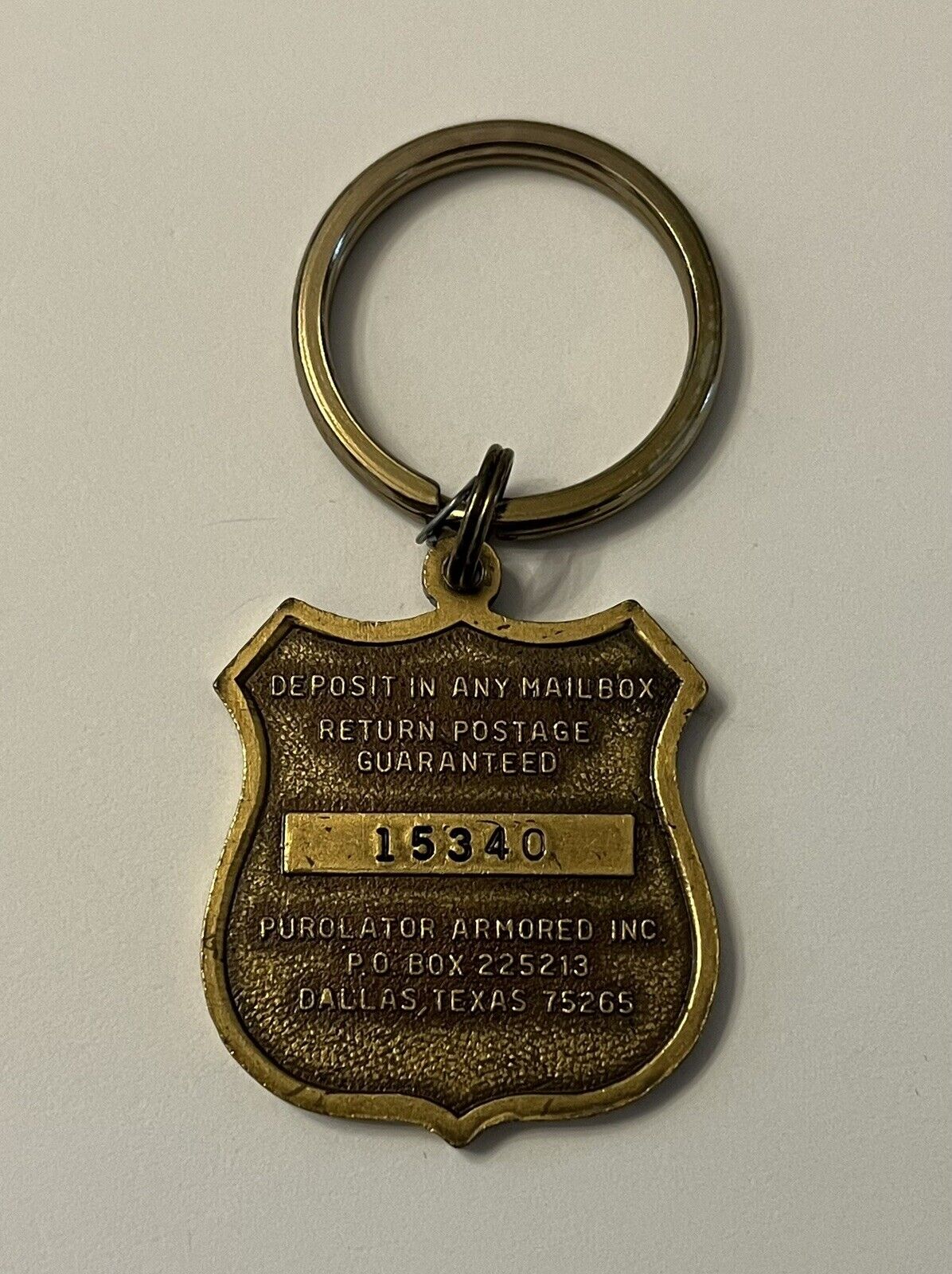 Vintage Purolator Amored Inc Drop In Mailbox Dallas TX Brass Keychain Ring Chain