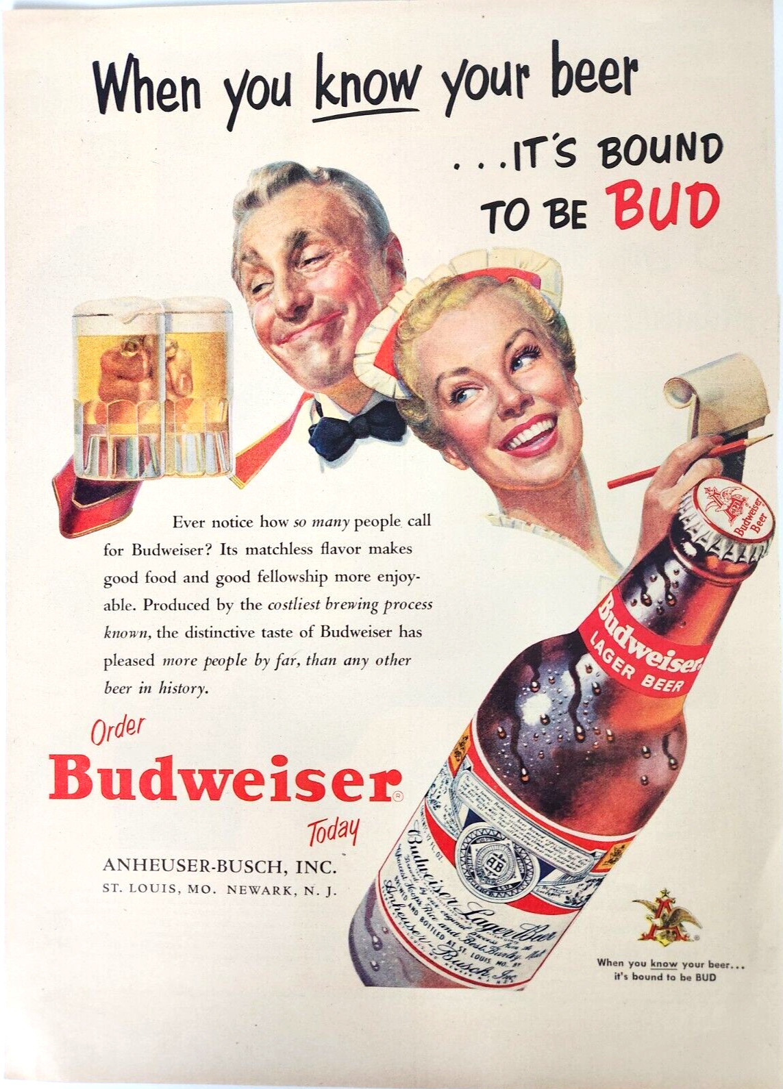 Waiter Waitress Budweiser Beer Vintage 1953 Ad Anheuser Busch Server Order Pad