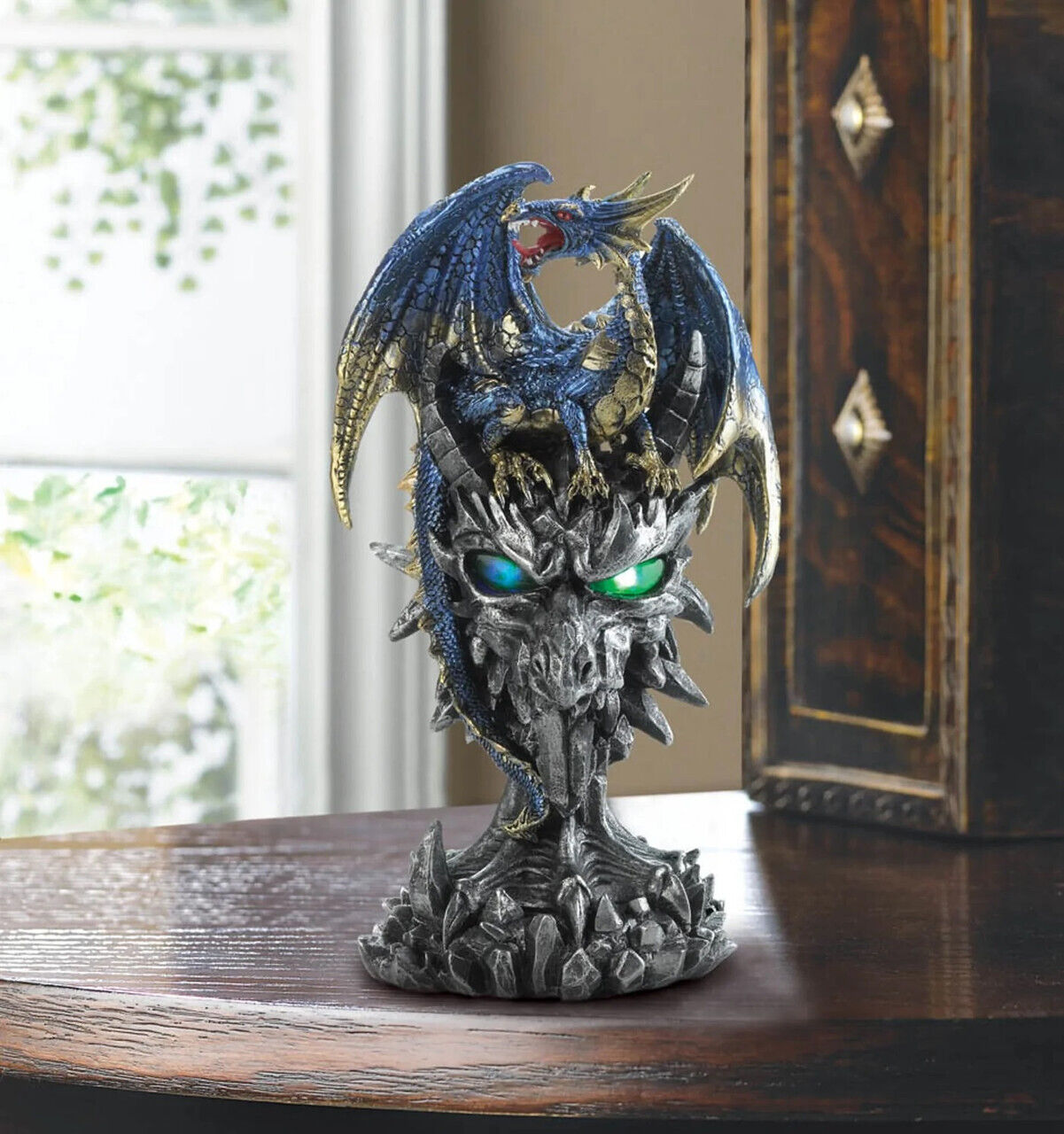 New Blue Dragon Warrior Statue Fantasy Mythical Legend Magic LED Light Gothic