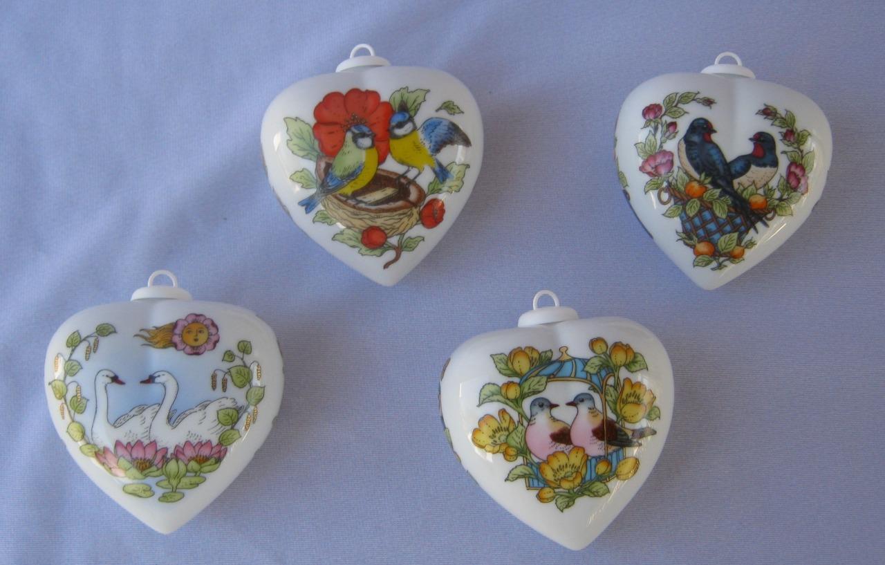 Hutschenreuther Porcelain Set 4 different Heart Ornaments Germany