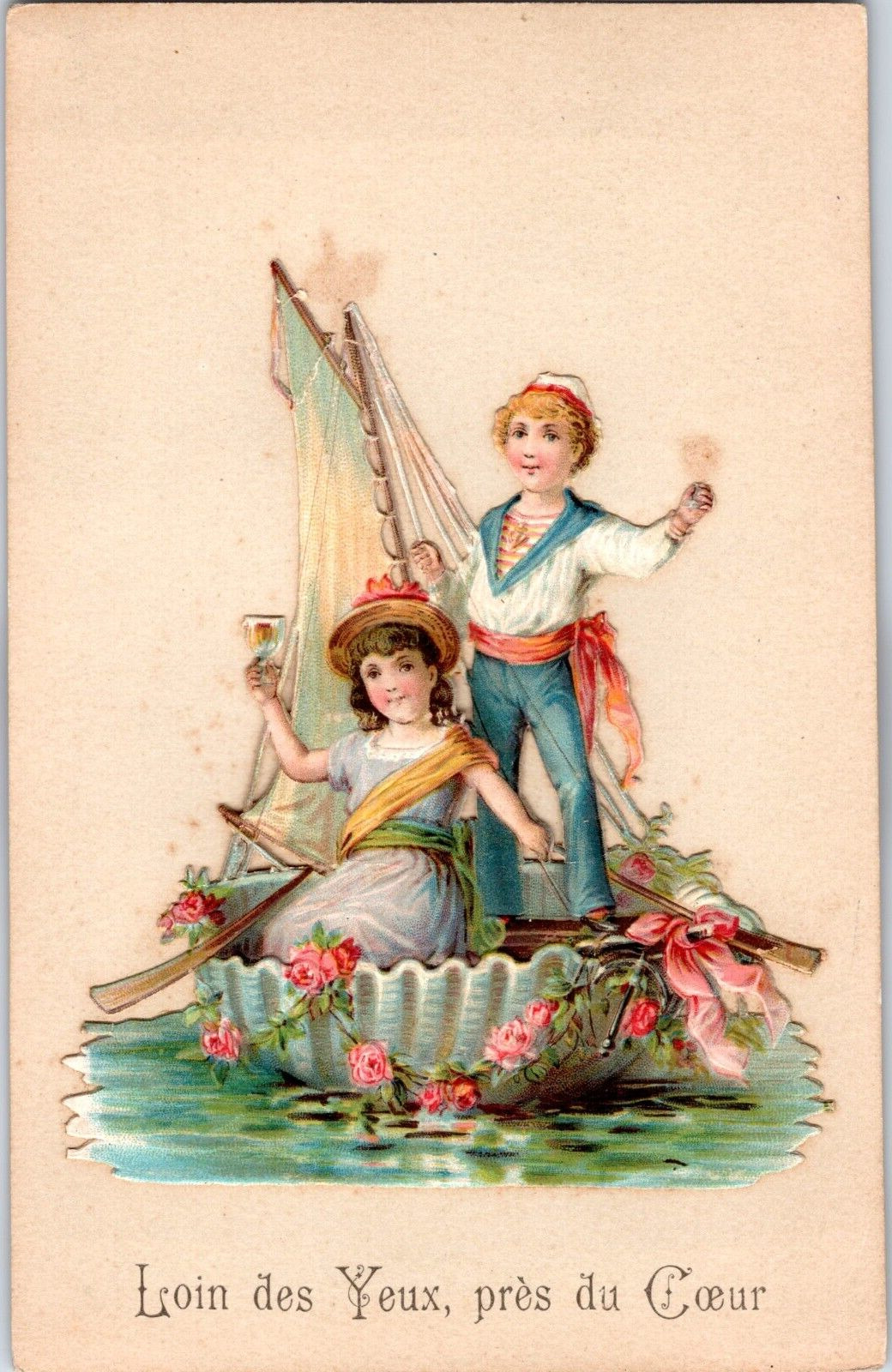 French Die Cut Postcard - Add-on - Couple on Boat - Out of Sight Near the Heart