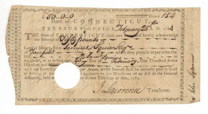 Receipt paid in gold or silver - Connecticut Revolutionary War Bonds - Connectic