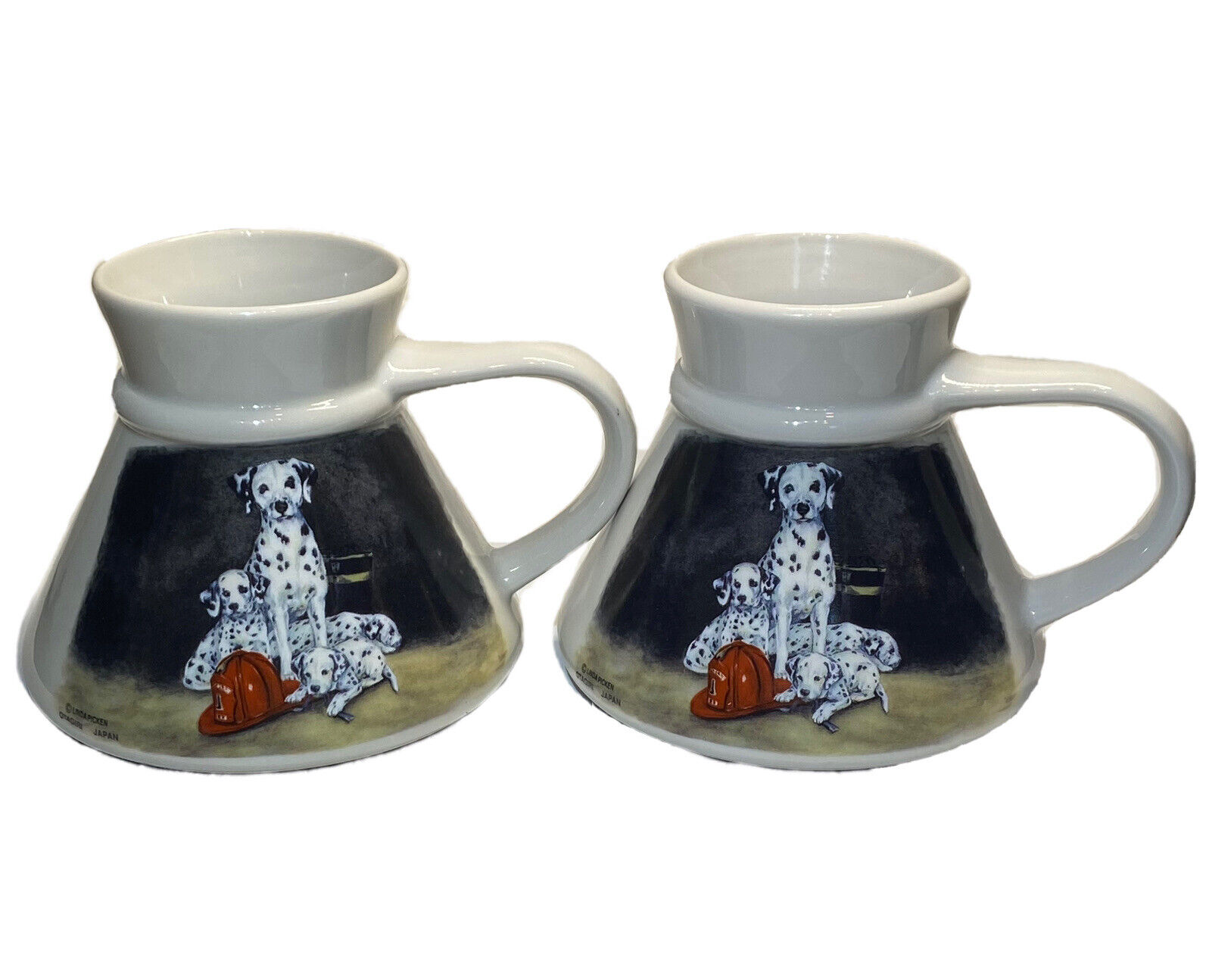 2 Vtg Otagiri Japan Coffee Mugs Dalmatian Puppies Fireman Helmet Cups, Two Set