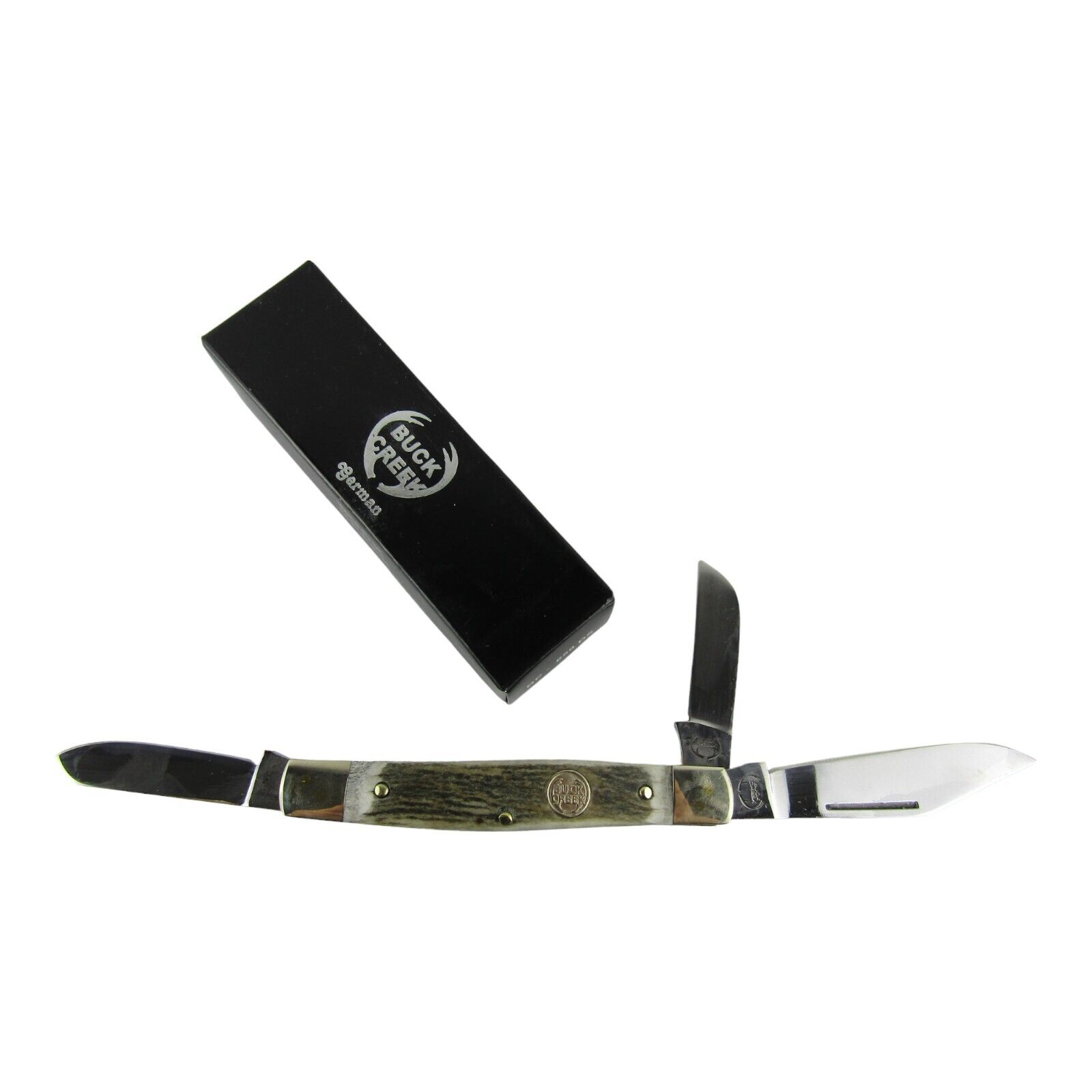 Buck Creek German Hand Made Stainless Pocket Knife, 3 Blade, Stag Grey, New