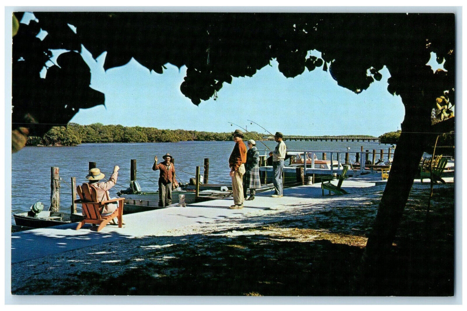 c1950s Swapping Fishing Tales on The Docks, Picturesque Englewood FL Postcard