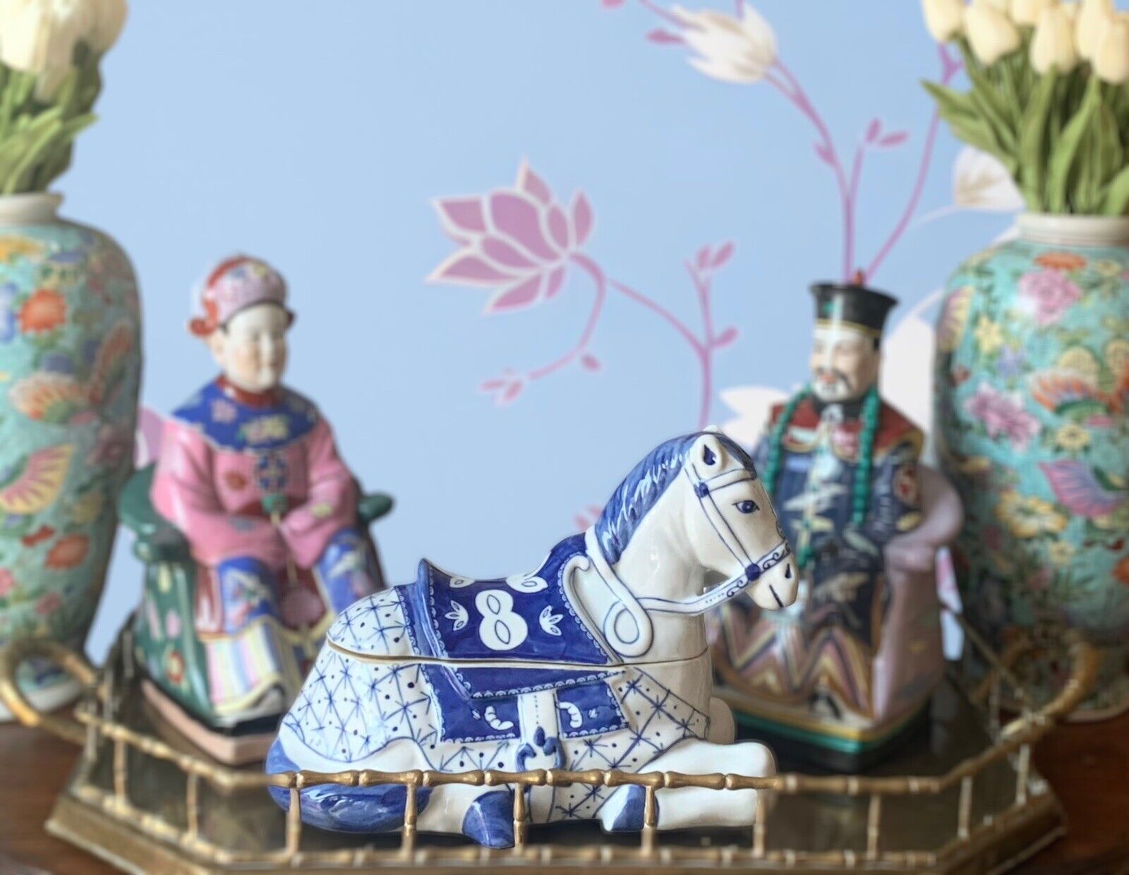 Horse Trinket Box with Lid Blue and white Porcelain Asian Oriental Vintage Decor