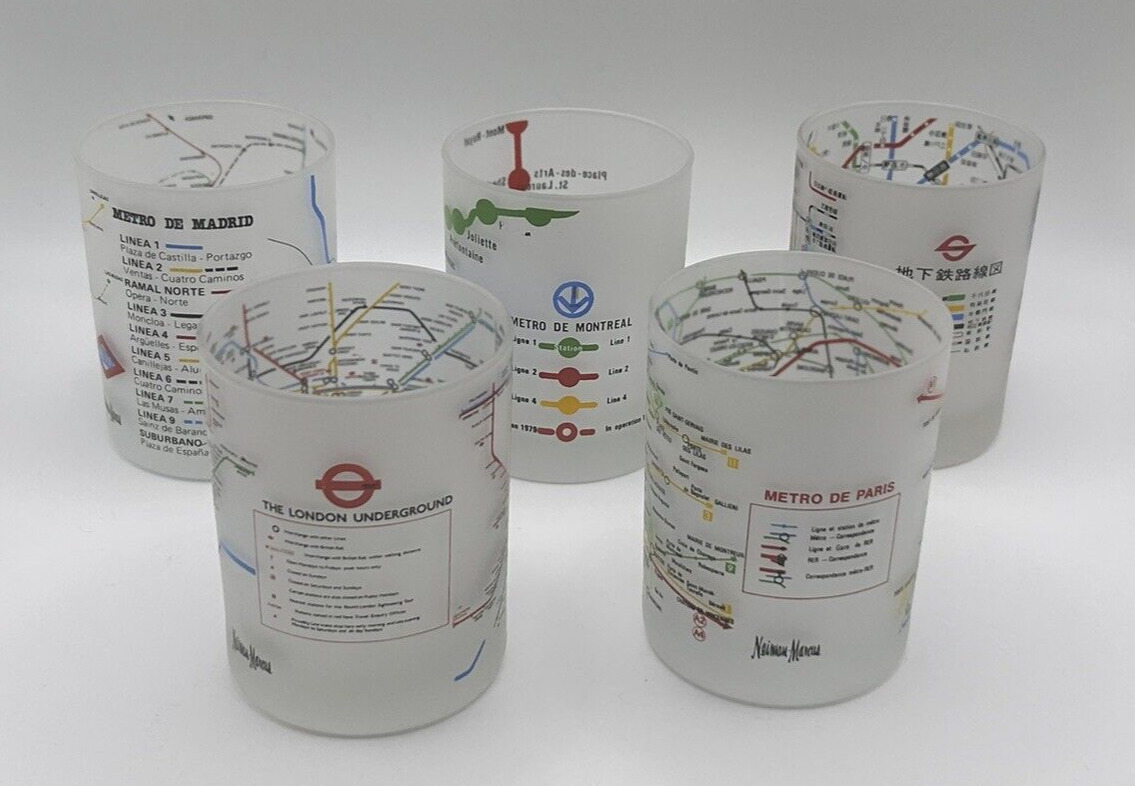 5 Very Rare Vintage Neiman Marcus Frosted Subway Map Glasses