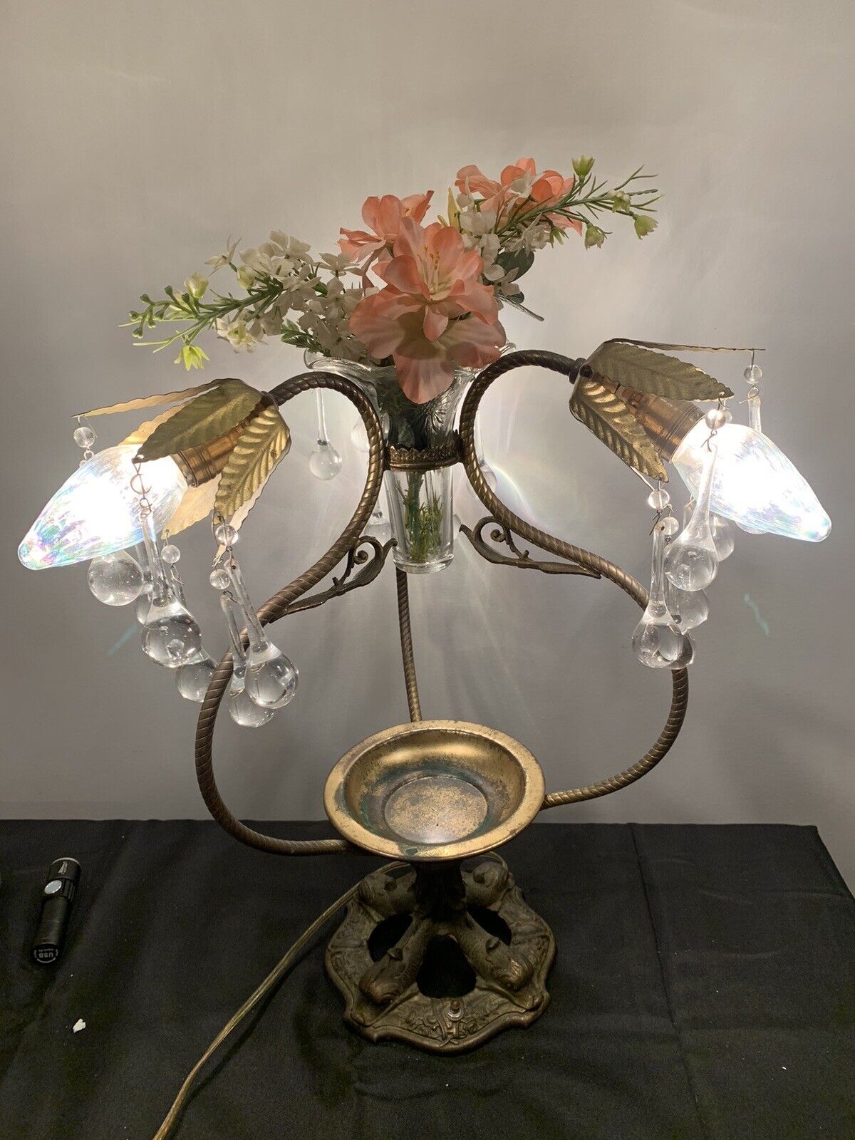 Antique Victorian Prism Epergne Tulip Banquet Lamp