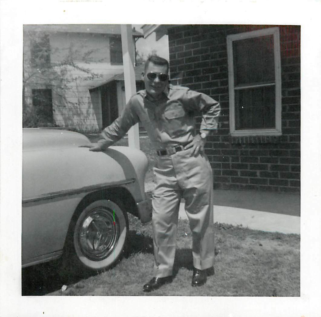 Beefcake Young Soldier Posing with 1940\'s  Car B/W Photo 1956 1957 Gay Interest