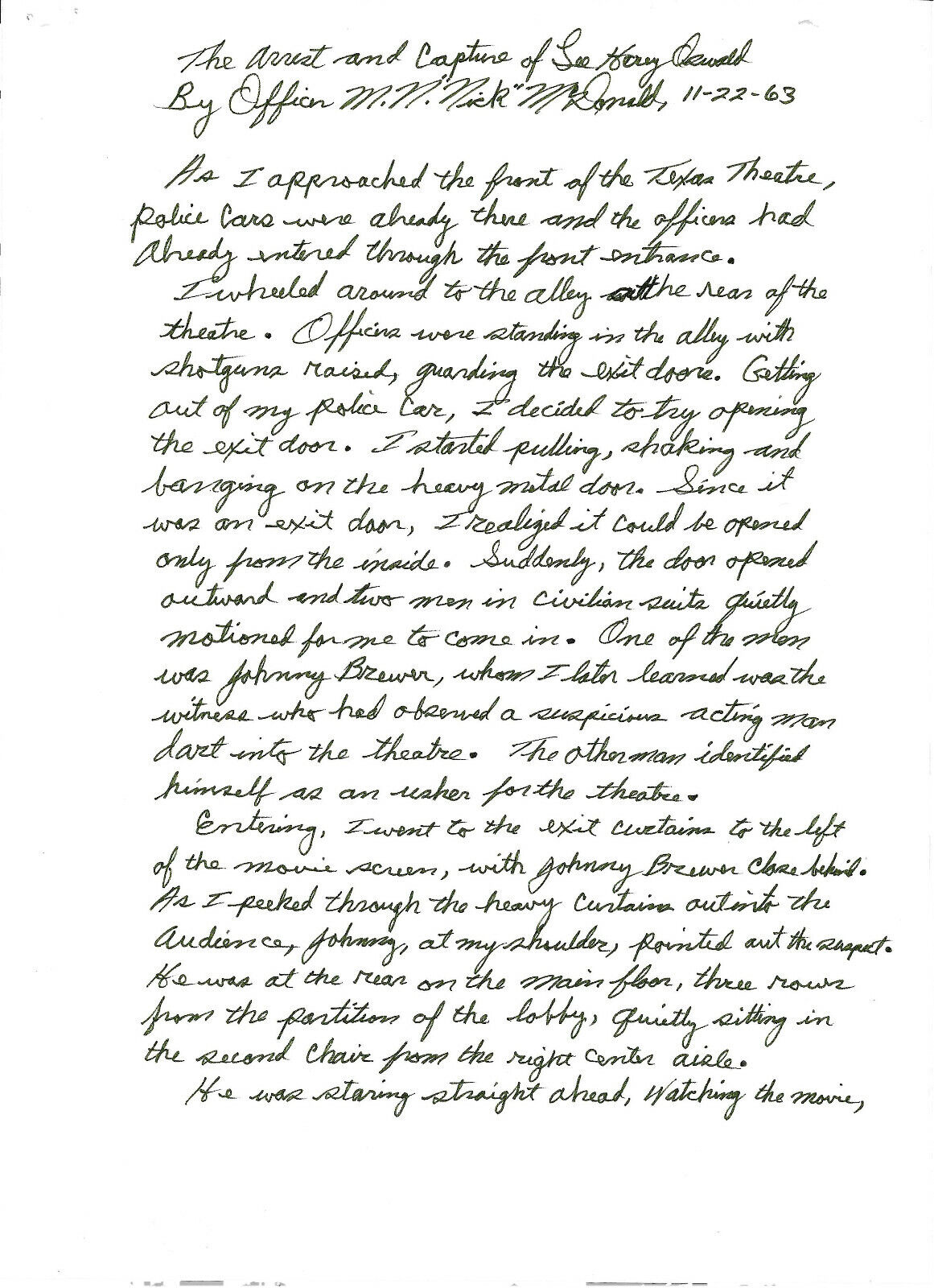 Incredible 5 pg Handwritten Narrative of the Arrest&Capture of Lee Harvey Oswald