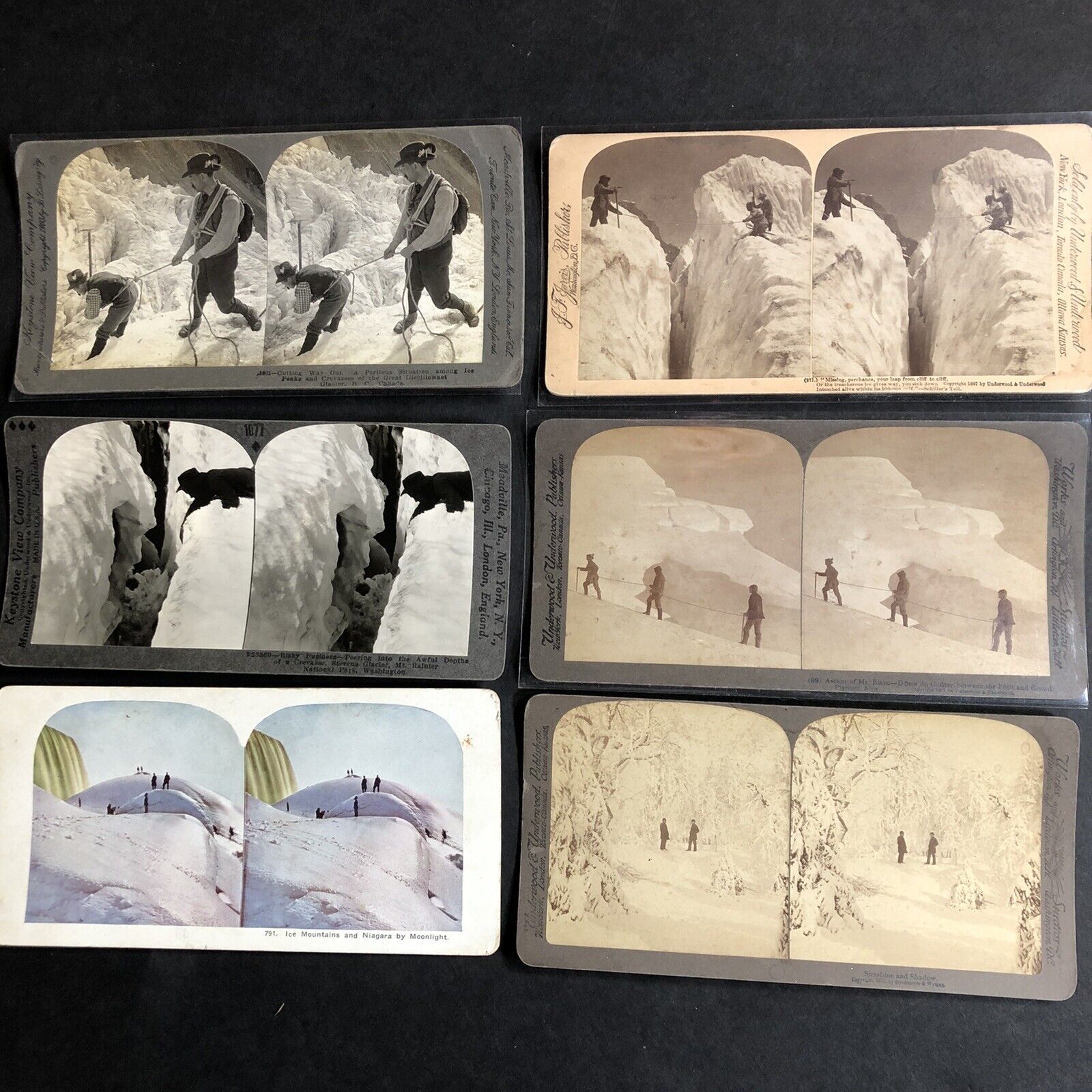 Lot of 6 Antique Stereo View Cards: Mountain Climbing Winter