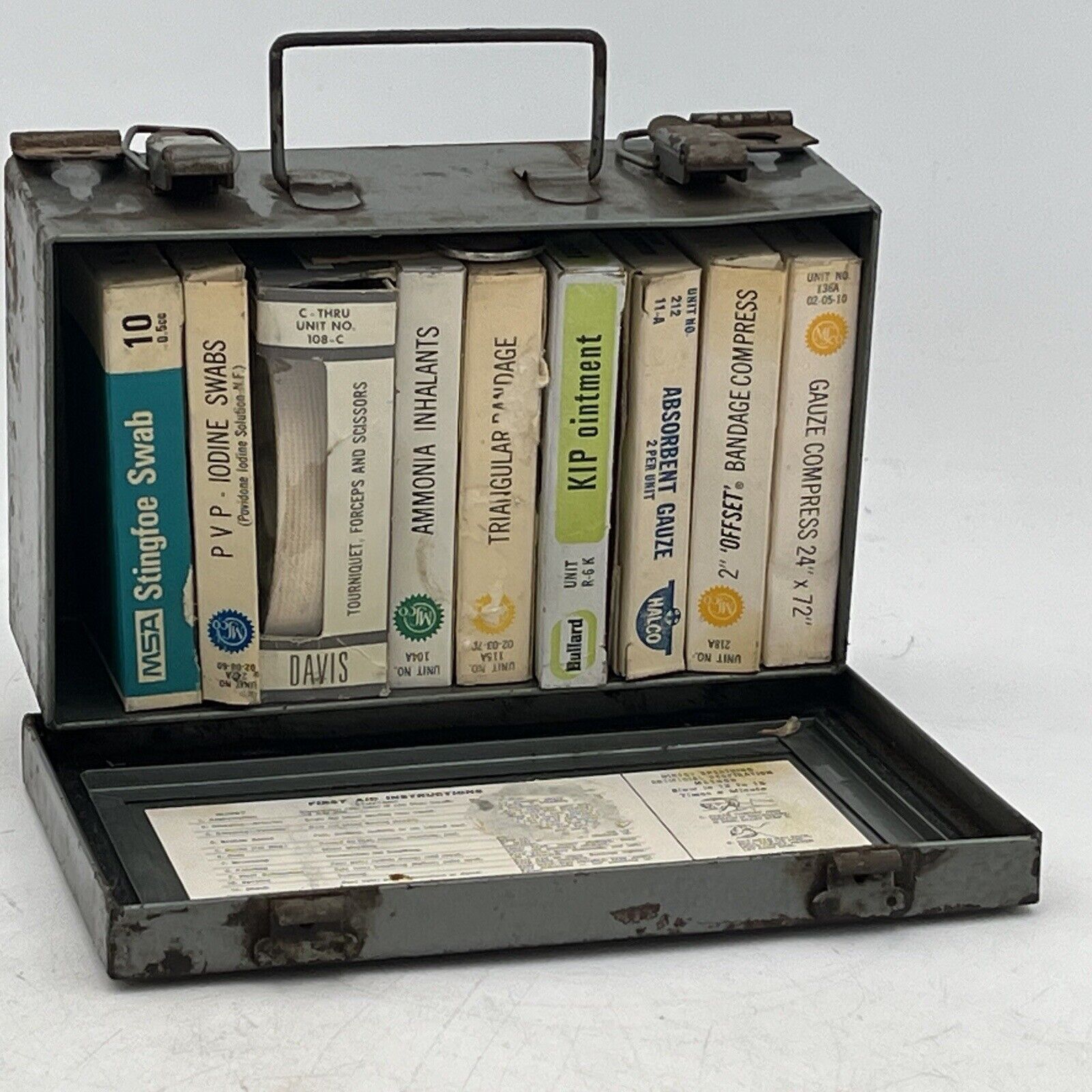 Vintage MSA Mine Safety Appliances First Aid Kit Metal Box ORIGINAL CONTENTS