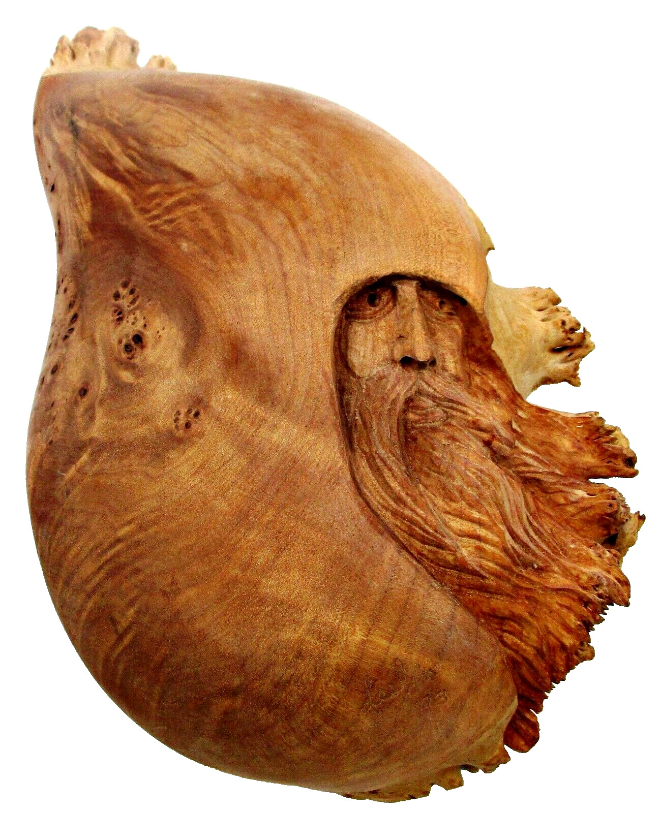 Vintage '03 Signed Jack Leslin Hand Carved Wood Folk Art Tree Spirit Wizard Face