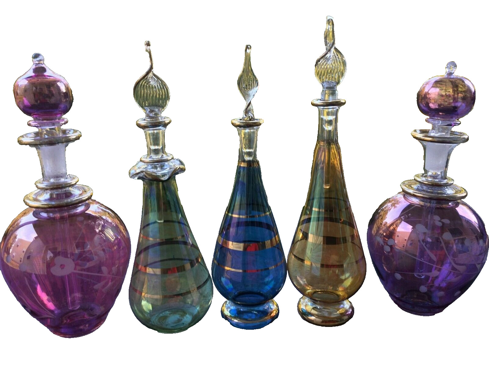 New Egyptian Empty Mouth Blown Perfume Bottles (Set of 5) by Kemet Art 4 Inches