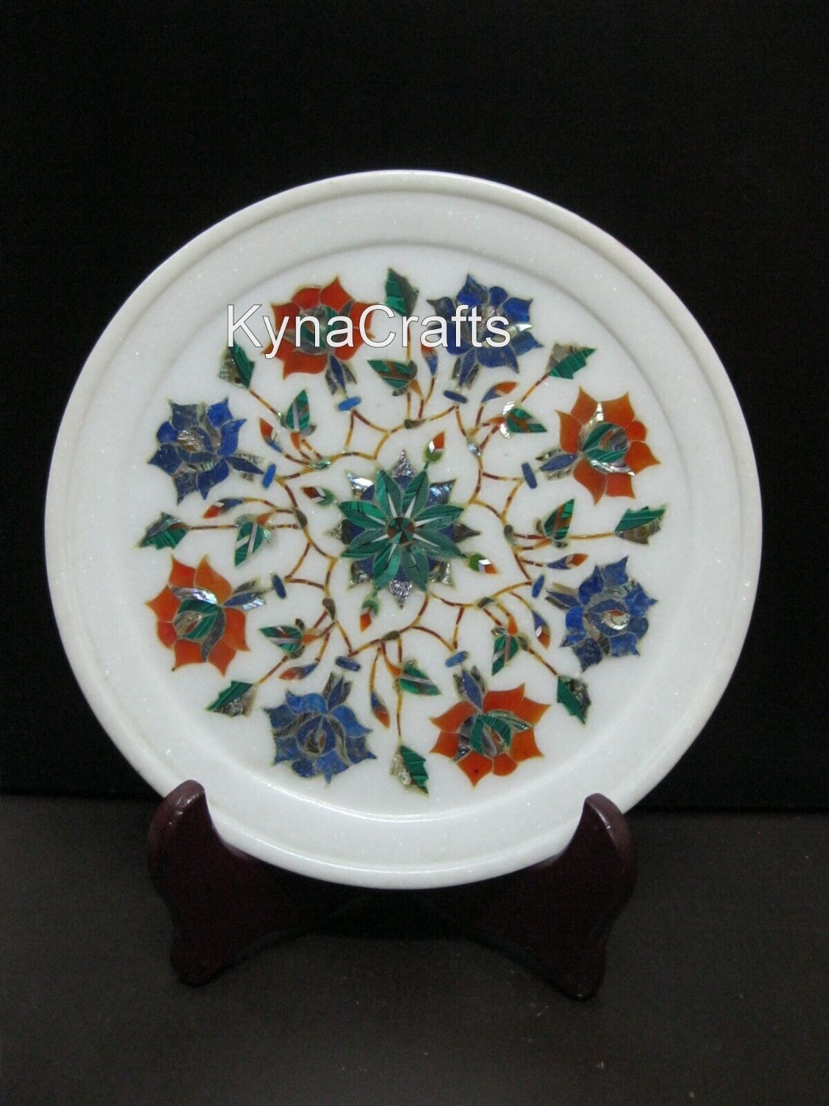 8 Inches Table Master Piece Inlaid with Gemstone White Marble Decorative Plate