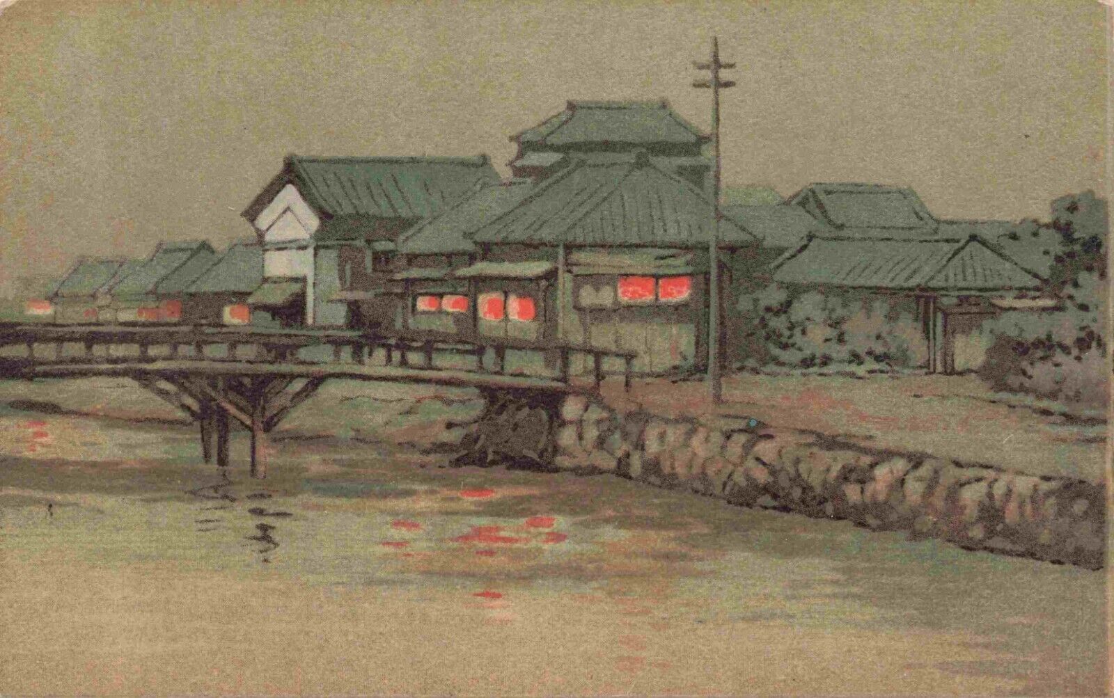 Japan House with Water Bridge Night City Lights Japanese Vtg Postcard #16