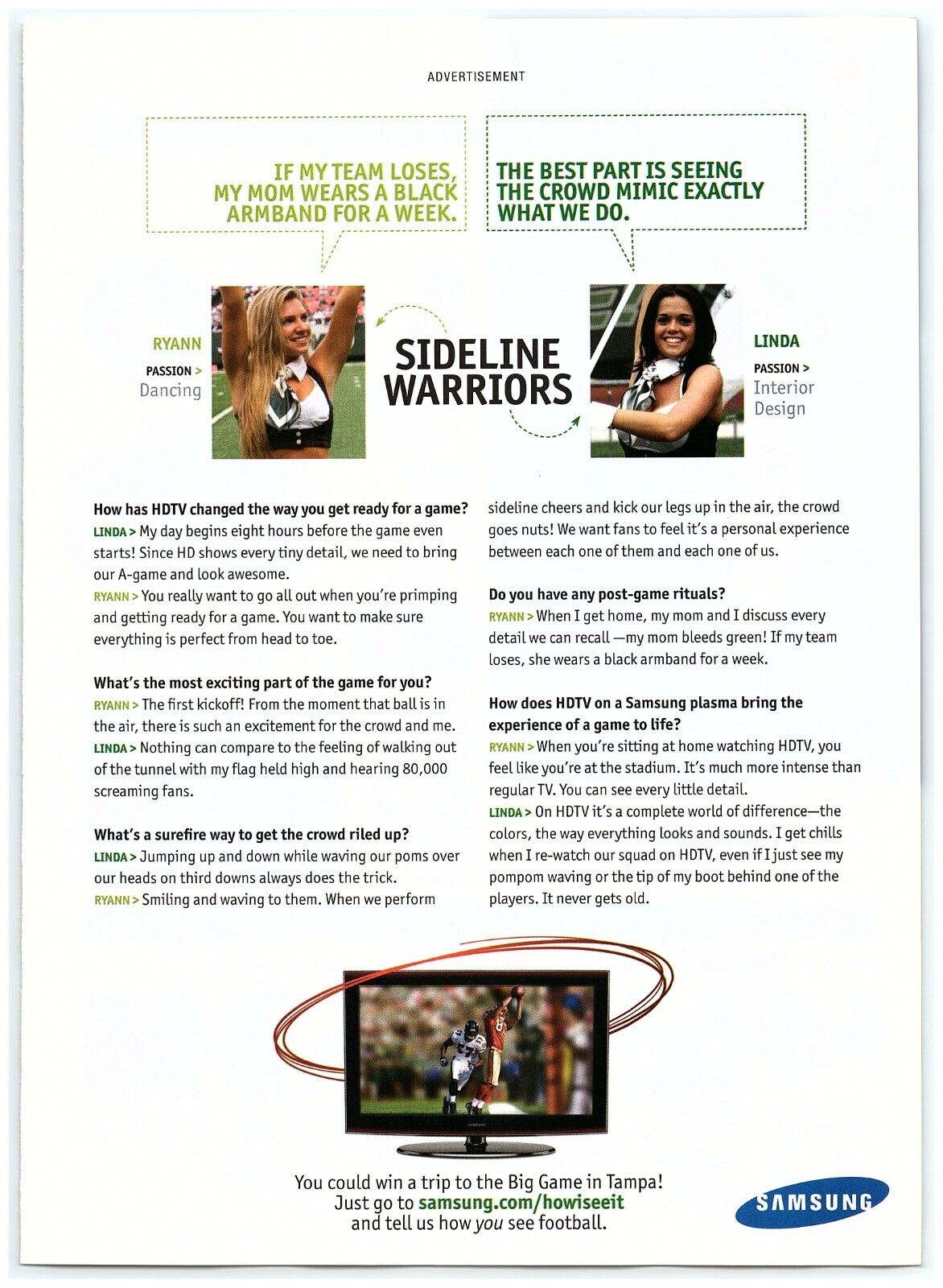 2008 Samsung Plasma HDTV Print Ad, NFL Football Cheerleads Ryann & Linda Q&A