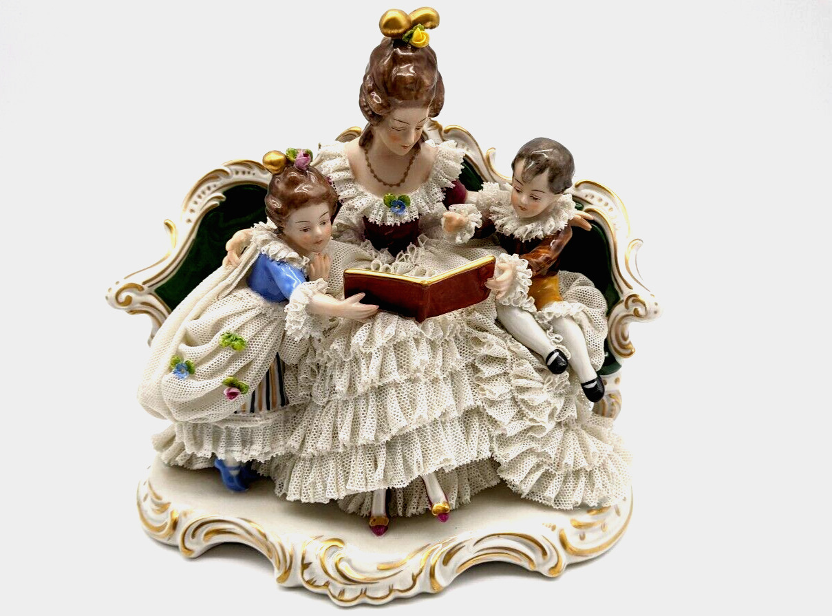 Antique Dresden Lace Porcelain Woman with kids Reading a Book on Sofa