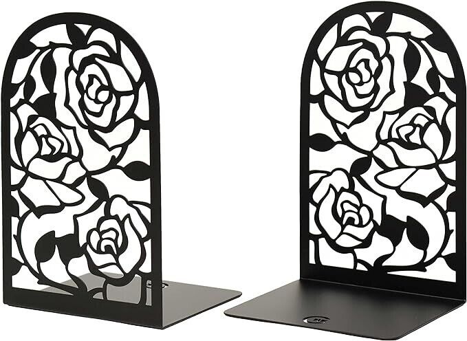2PCS Metal Bookends, Heavy Duty Bookend for Shelves, Rose Book End to Hold Books