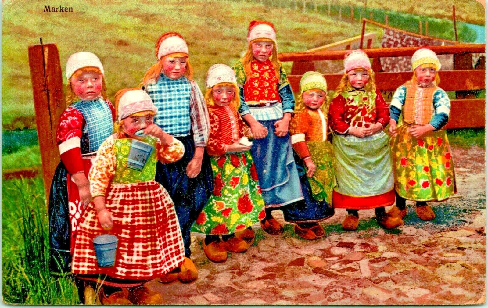 Vtg Postcard 1920s Marken Netherlands Dutch Girls In Colorful Costume 
