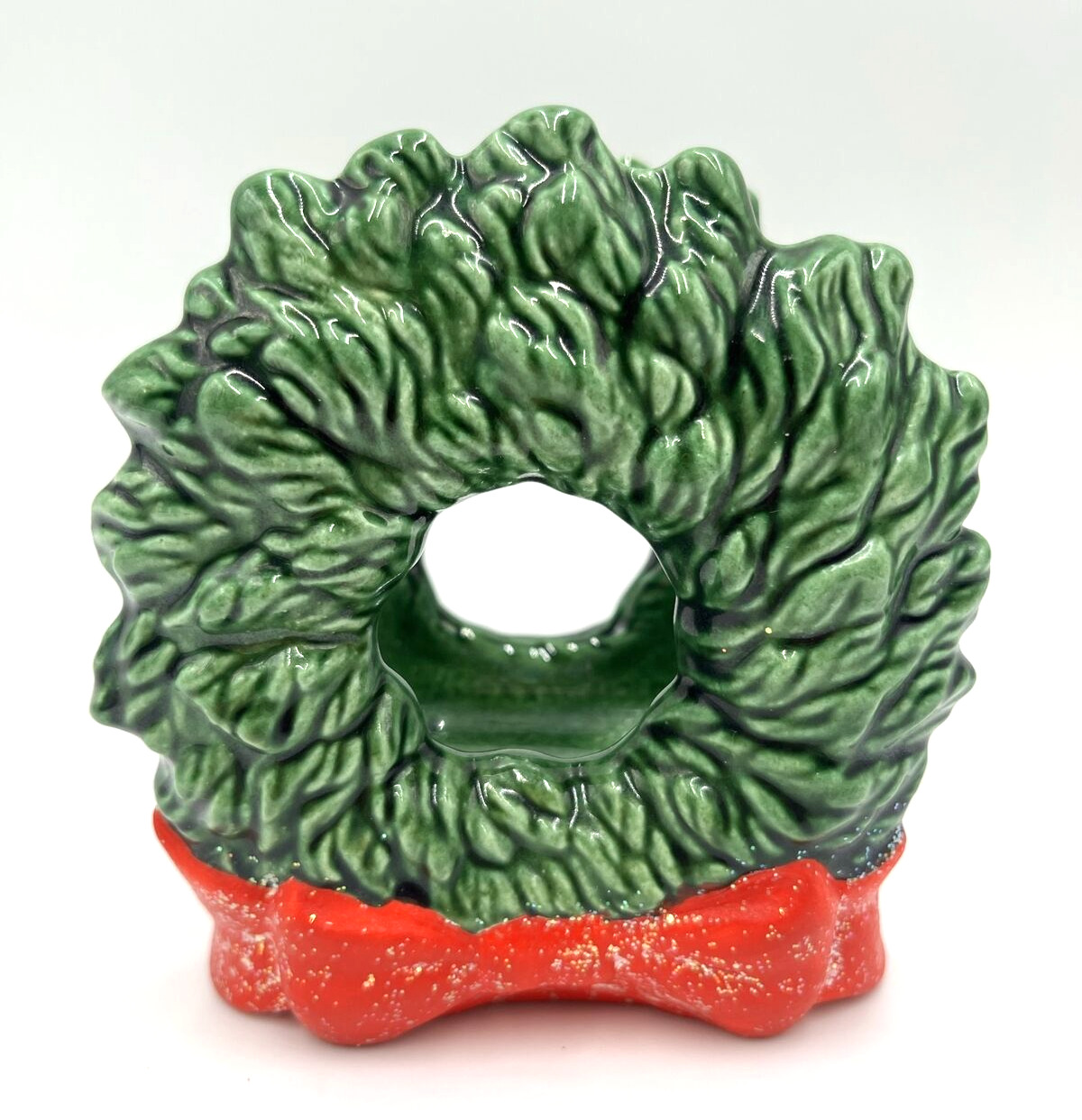 Vintage Ceramic Christmas Green Wreath With Red Bow Napkin Holder SIGNED 5”