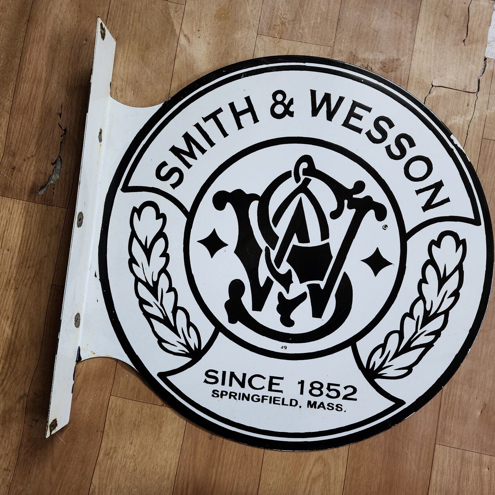SMITH & WESSON FLANGE 2 SIDED PORCELAIN ENAMEL SIGN 17 1/2 X 17 INCHES
