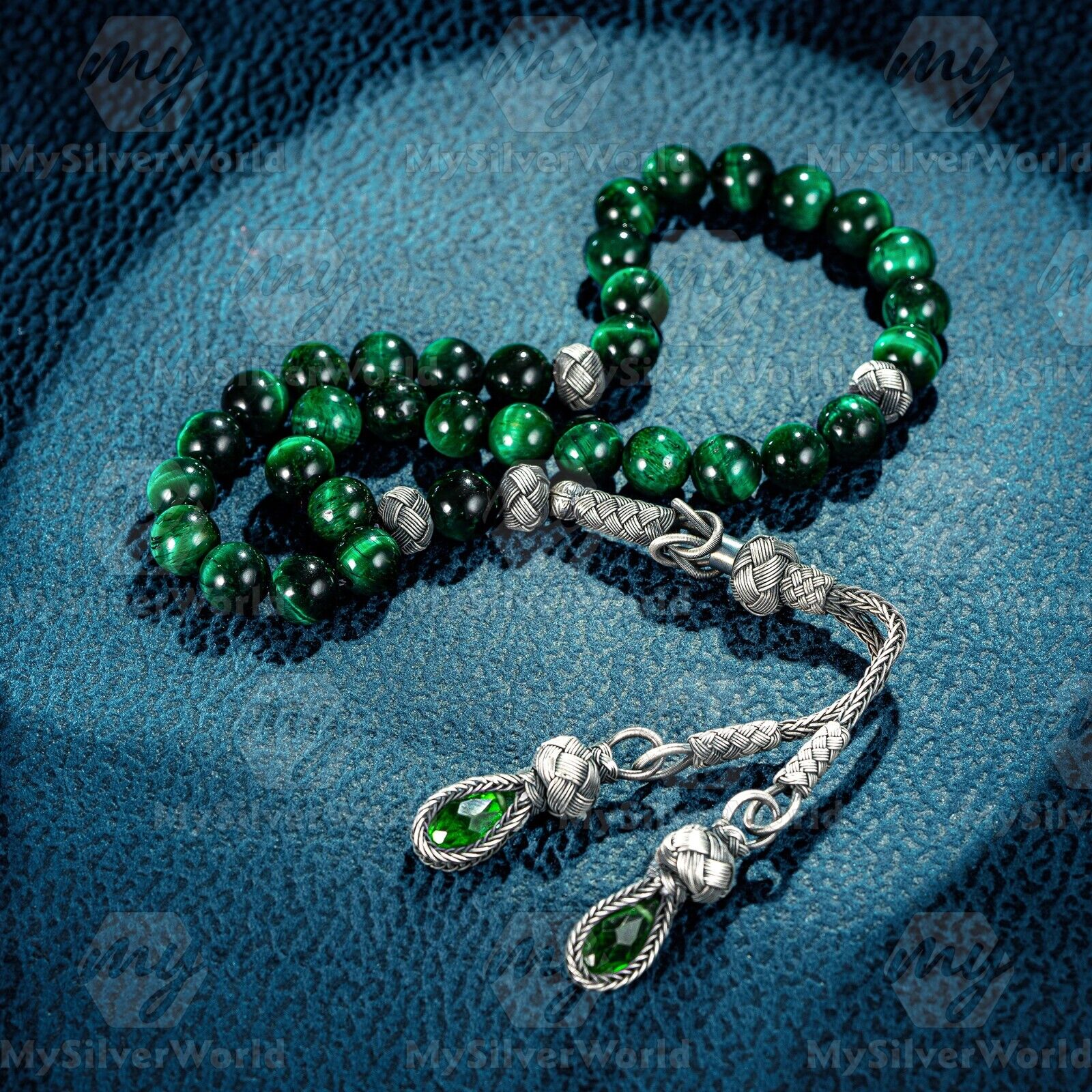 1000 Ct Silver Turkish Kazaz Green Tiger\'s Eye Islamic 33 Prayer Beads Tasbeeh
