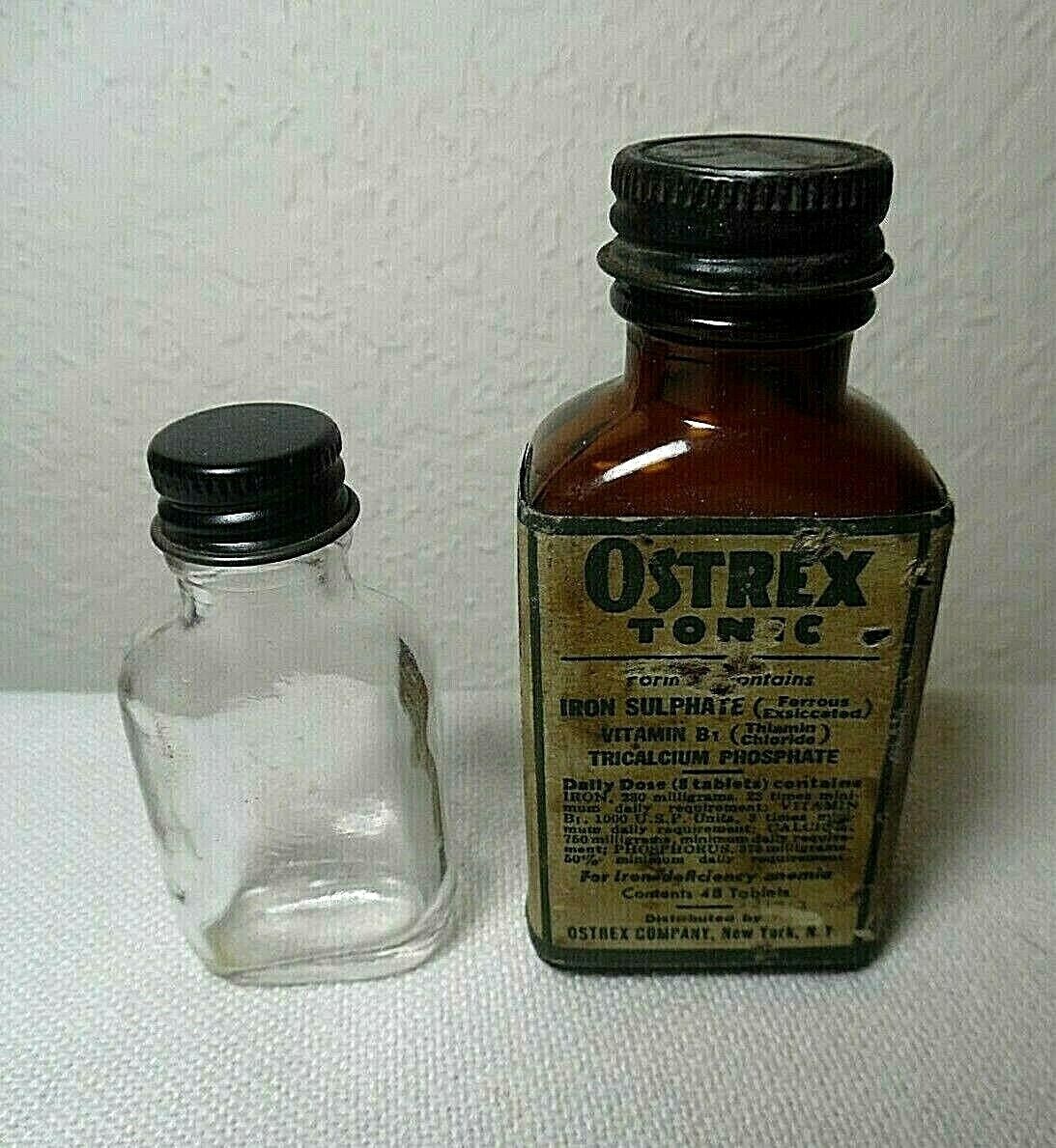 VINTAGE 1943 BROWN BOTTLE OF OSTREX TONIC NEW YORK EMPTY + A SMALL UNMARKED BTTL