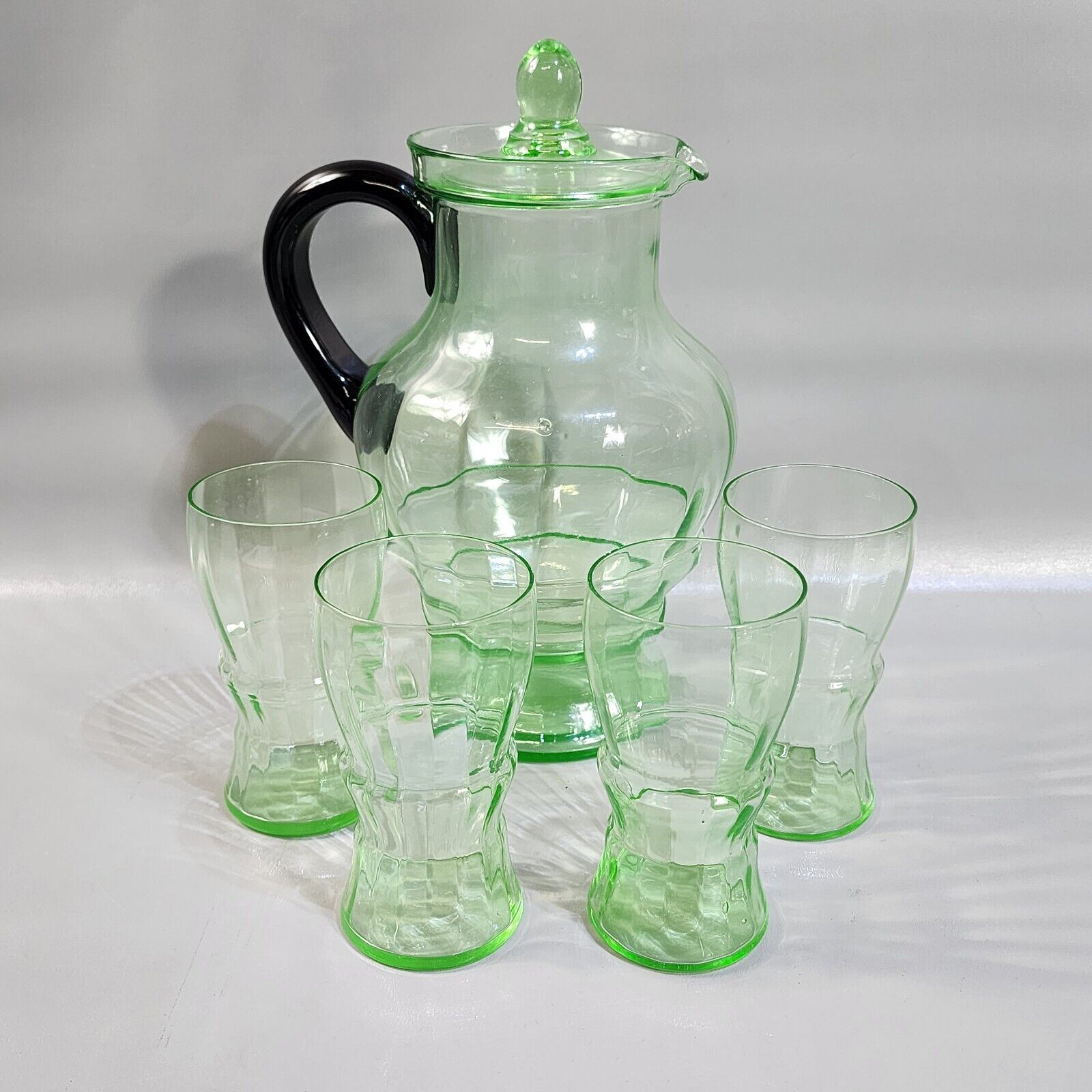 Vintage Art Deco Depression Glass Green Pitcher & Drinking Glasses Drinkware Set