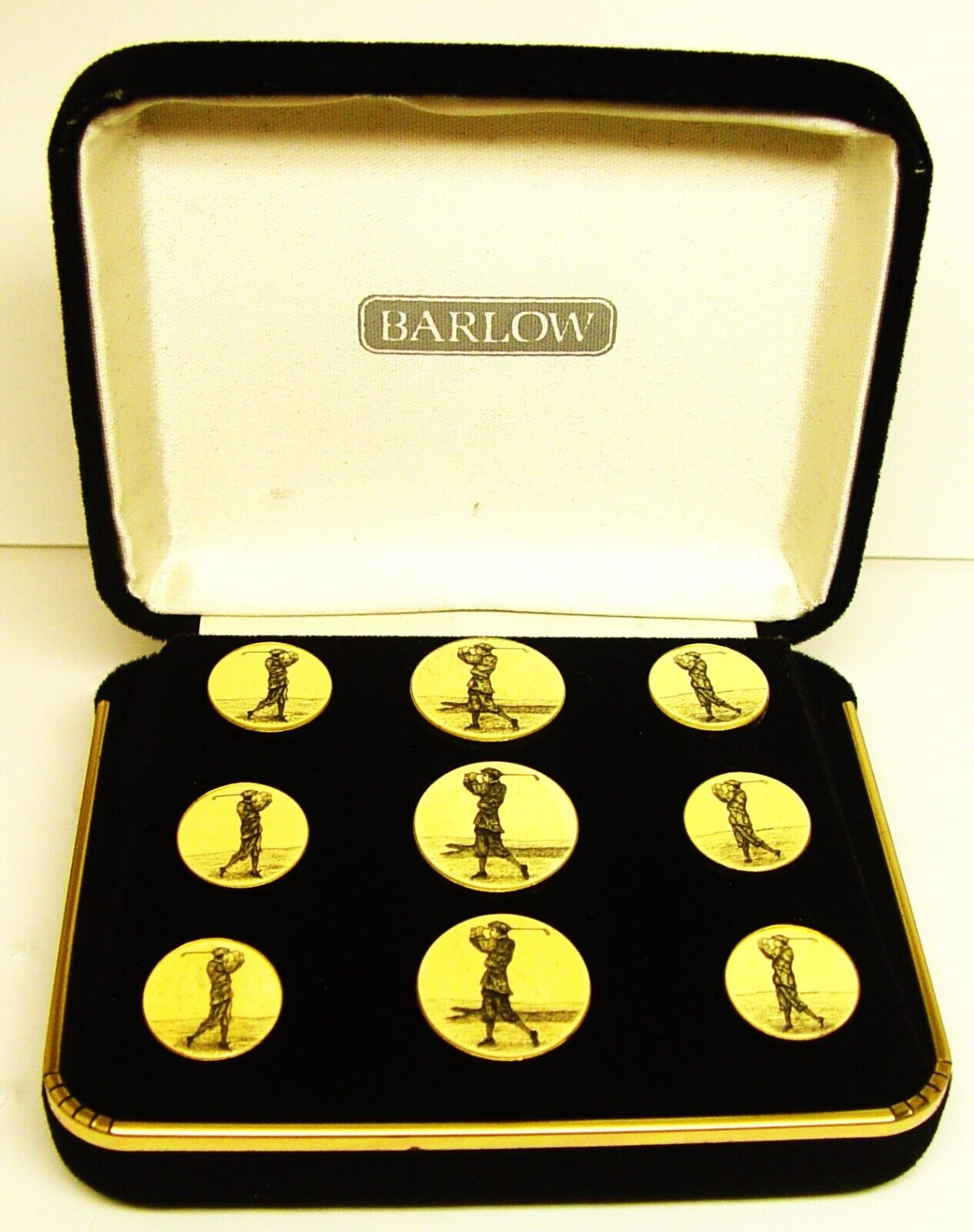 Vintage Barlow Golfer Scrimshaw 9 Button Set In Original Box Good Condition