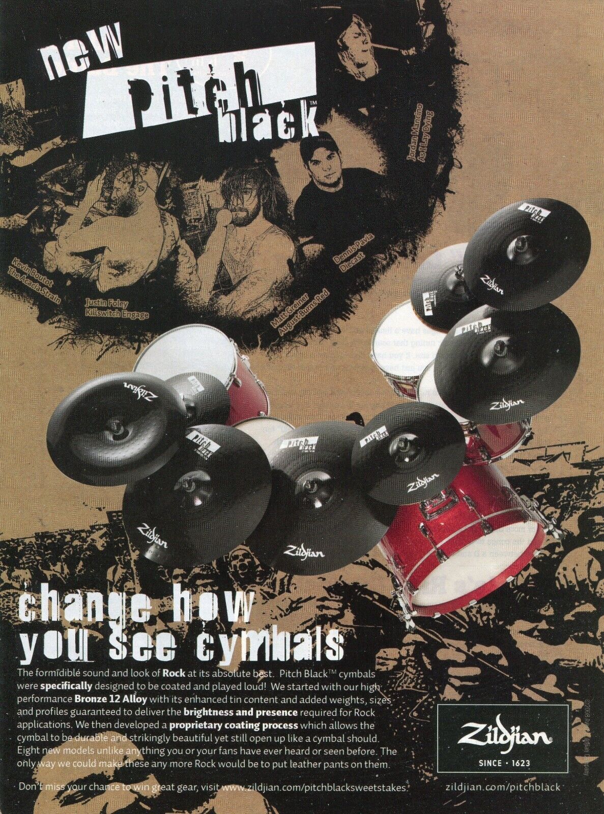 2009 Print Ad of Zildjian Pitch Black Drum Cymbals w Kevin Boutot Jordan Mancino