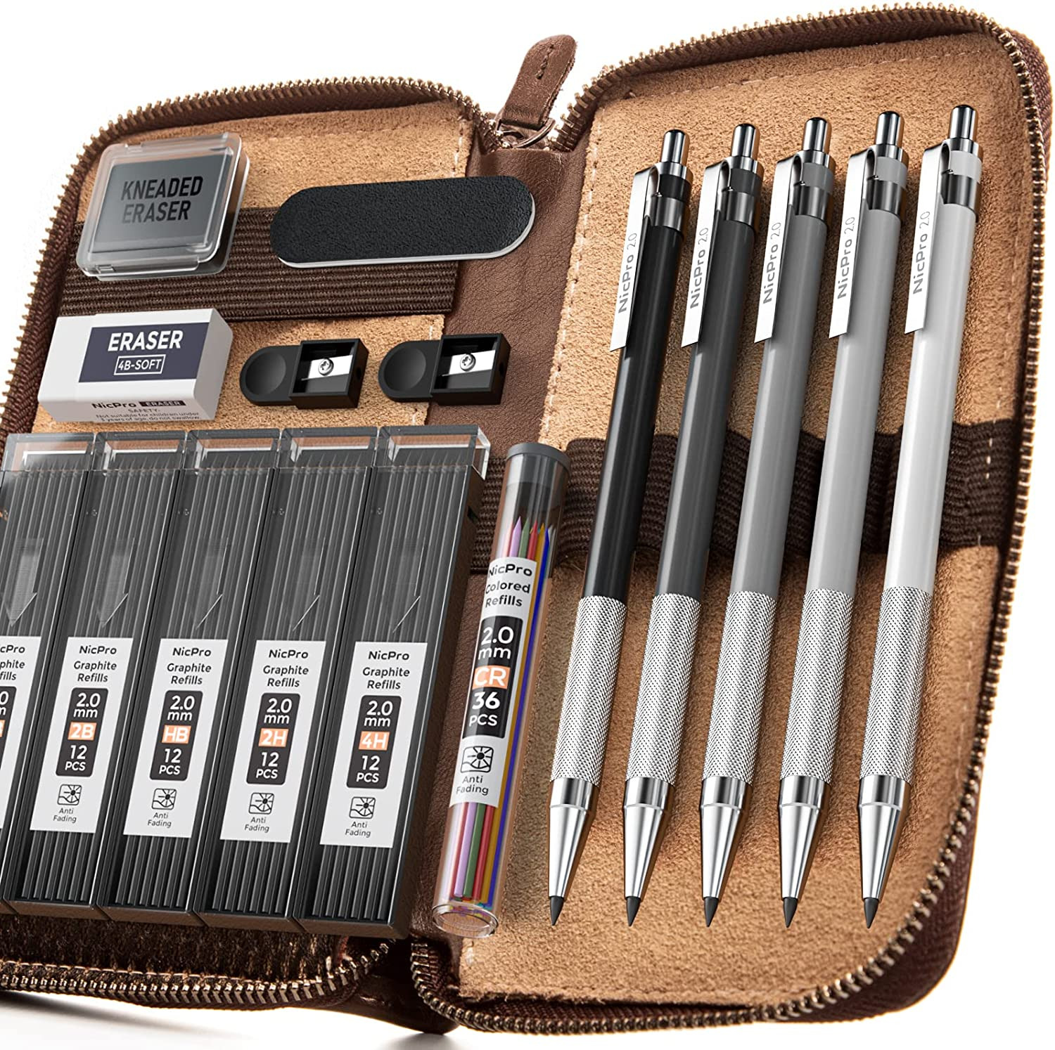 17PCS Metal 2Mm Mechanical Pencil Set in Leather Case, 2.0 Mm Lead Pencil Holder