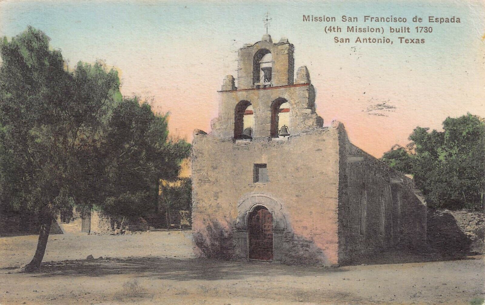 Mission San Francisco de Espada, San Antonio, TX., Early Hand Colored Postcard