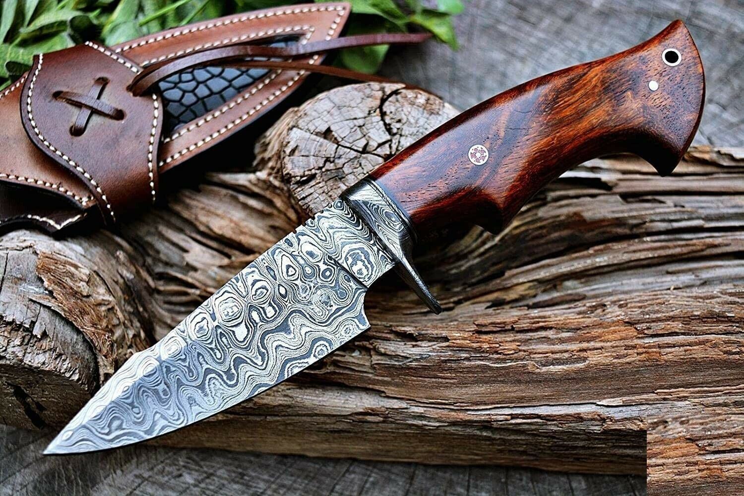 Custom HAND FORGED Damascus Steel Bowie Hunting Knife Rose Wood Handle W/ Sheath