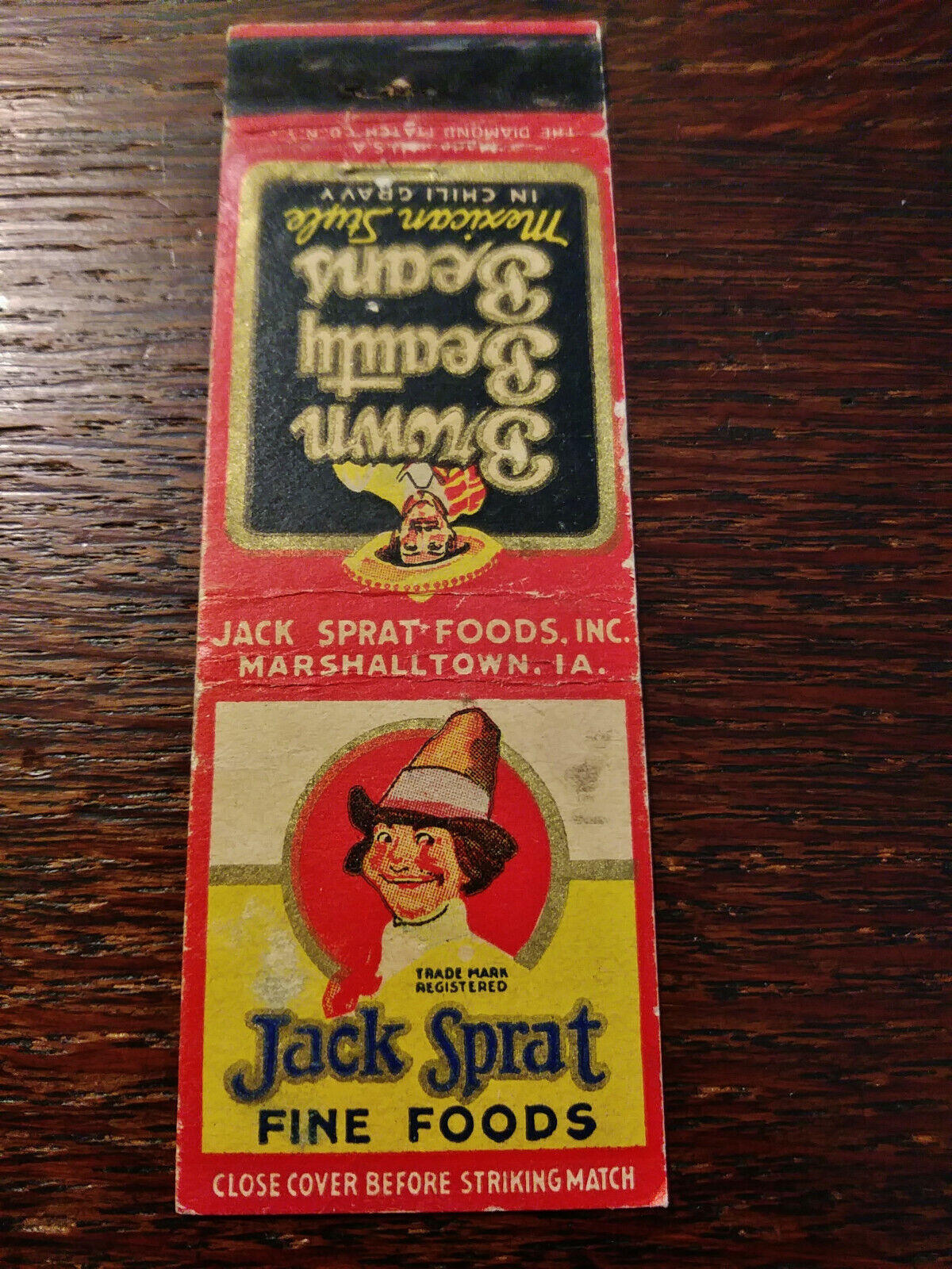 Vintage Matchcover: Jack Sprat Foods, Brown Beauty Beans, Marshalltown, IA  II
