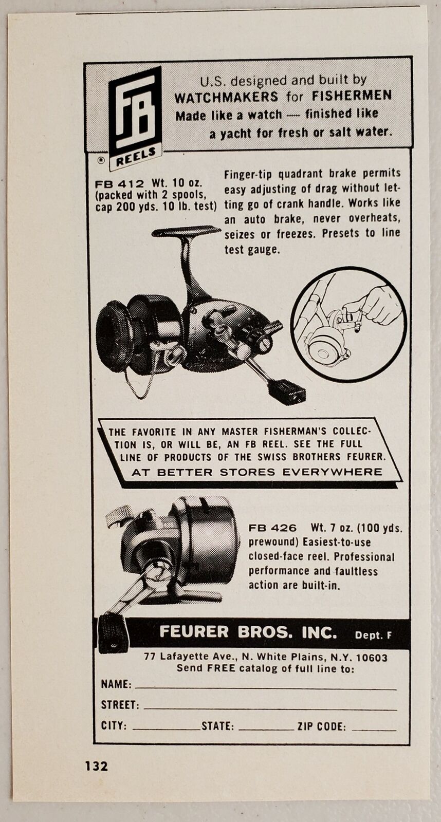 1968 Print Ad FB Fishing Reels Feurer Bros. Inc. White Plains,New York