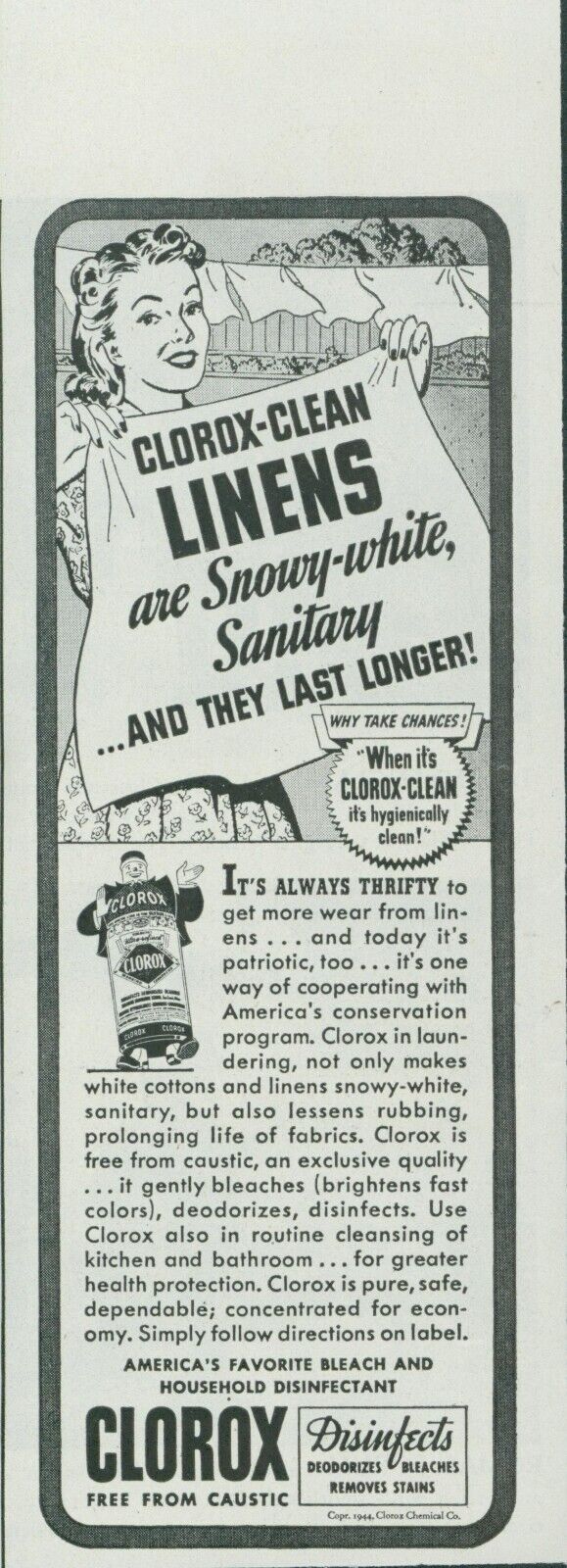 1944 Clorox Linens Snowy White Clothesline Humanized Can Vintage Print Ad L28