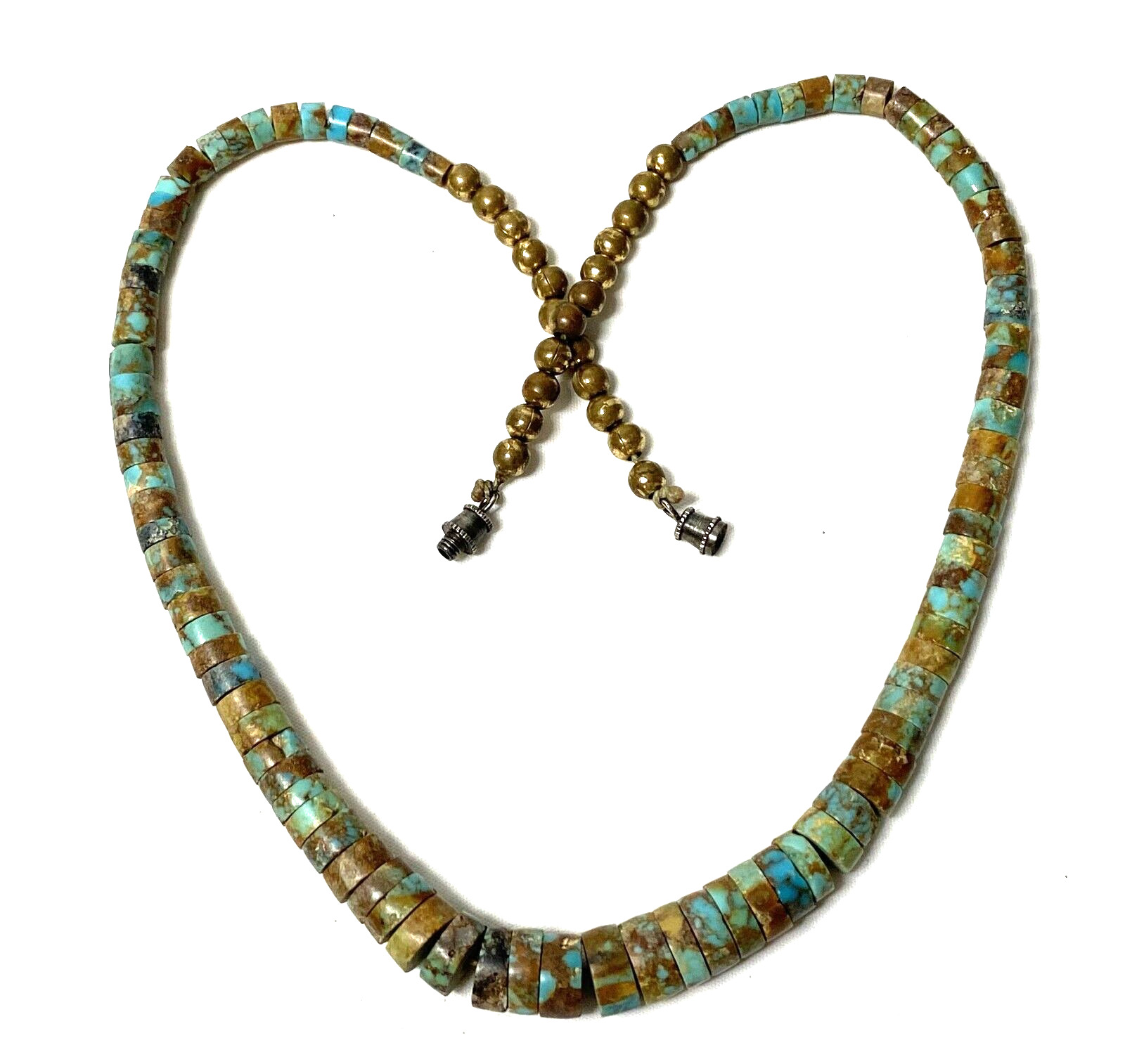 Vintage Old Native American Turquoise Heishi Disc Brass Tone Beds Necklace 17\